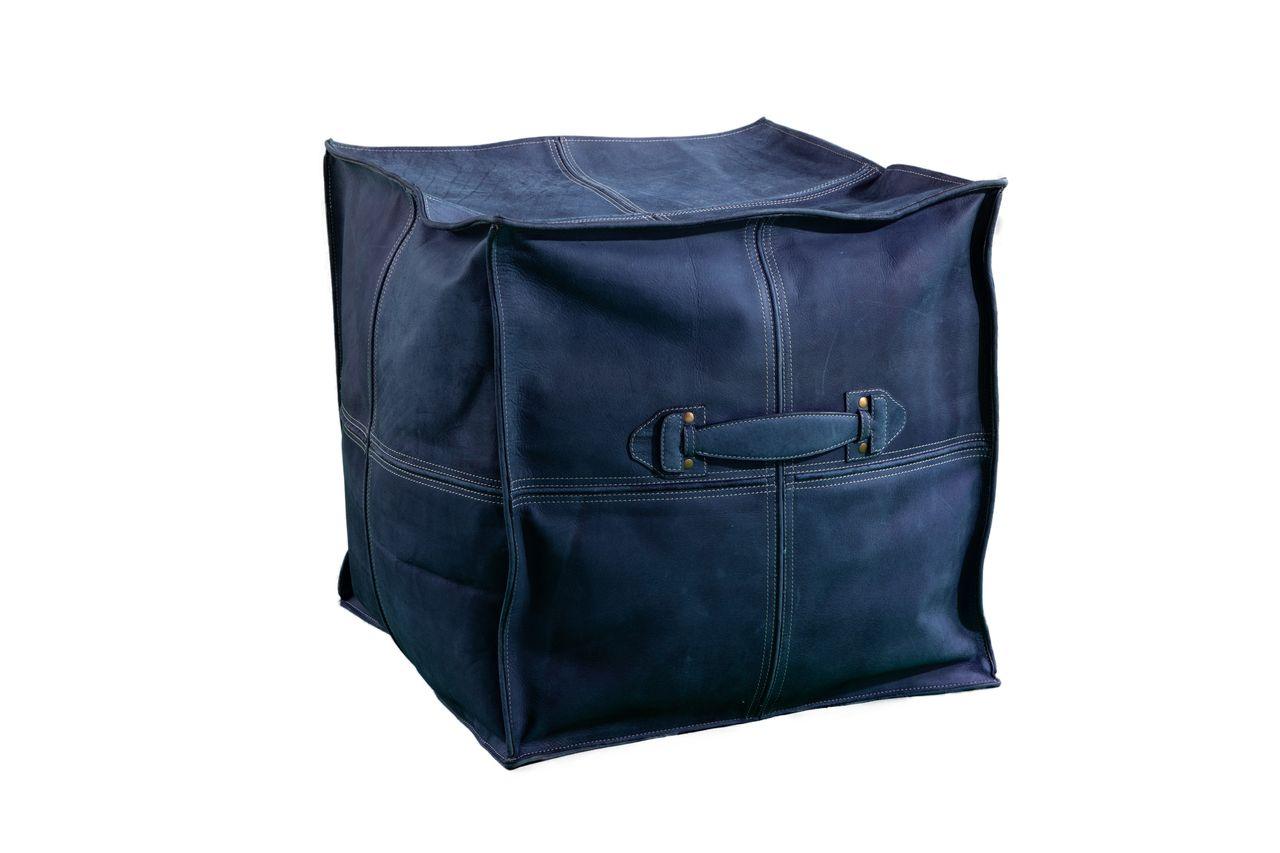 Blue Suede Leather Ottoman with Blue Leather Handle - Frankwebs