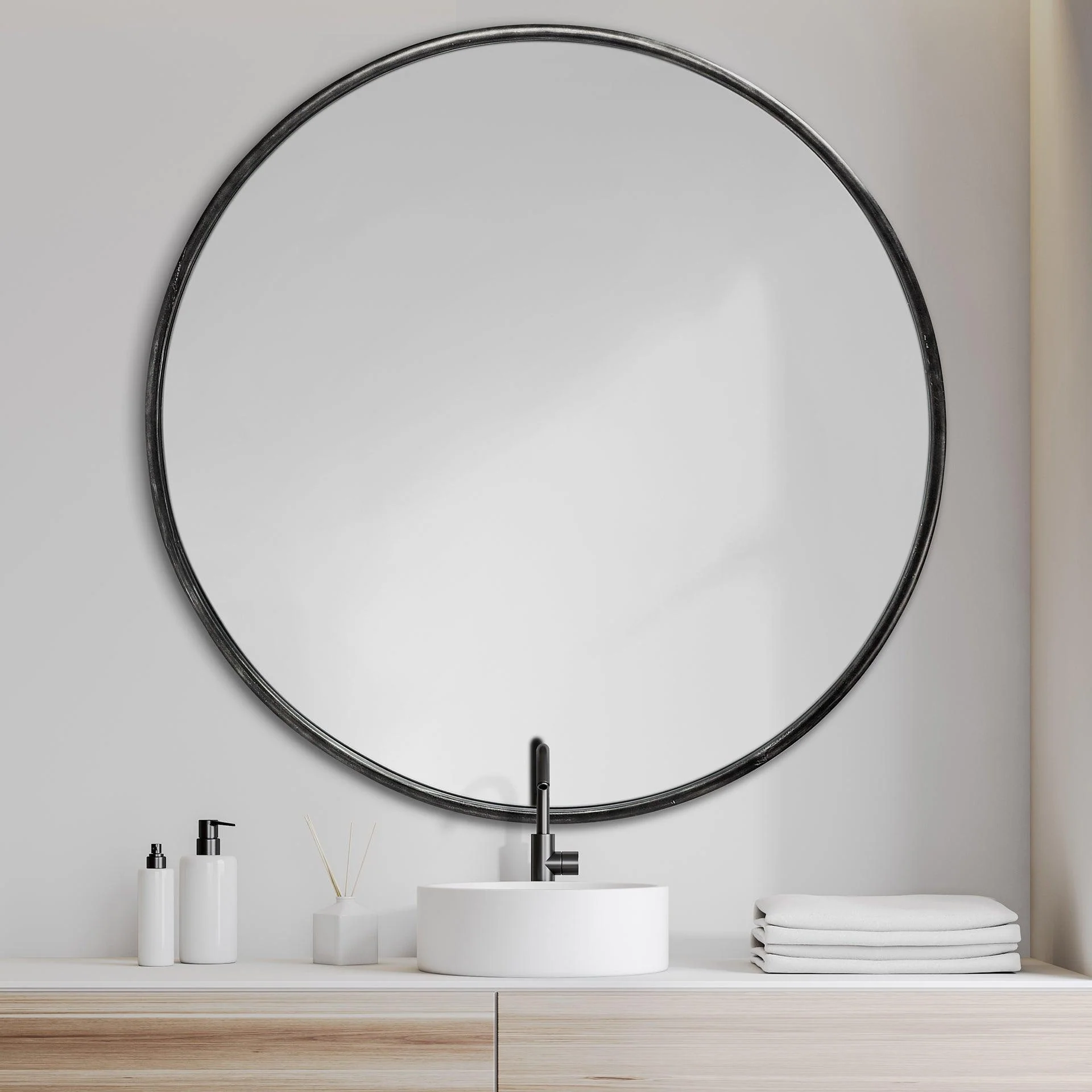 Piper 47.2L x 1.0W x 47.2H Large Black Metal Round Wall Mirror - Frankwebs