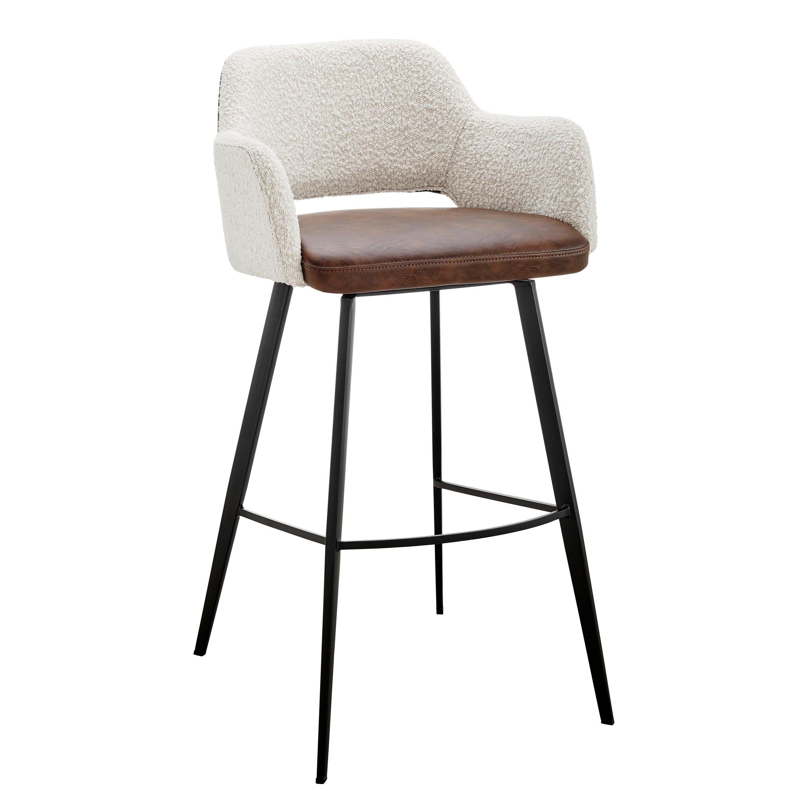 Desi Swivel Bar Stool in Ivory Fabric and Light Brown Leatherette with Black Base - Set of 1 - Frankwebs