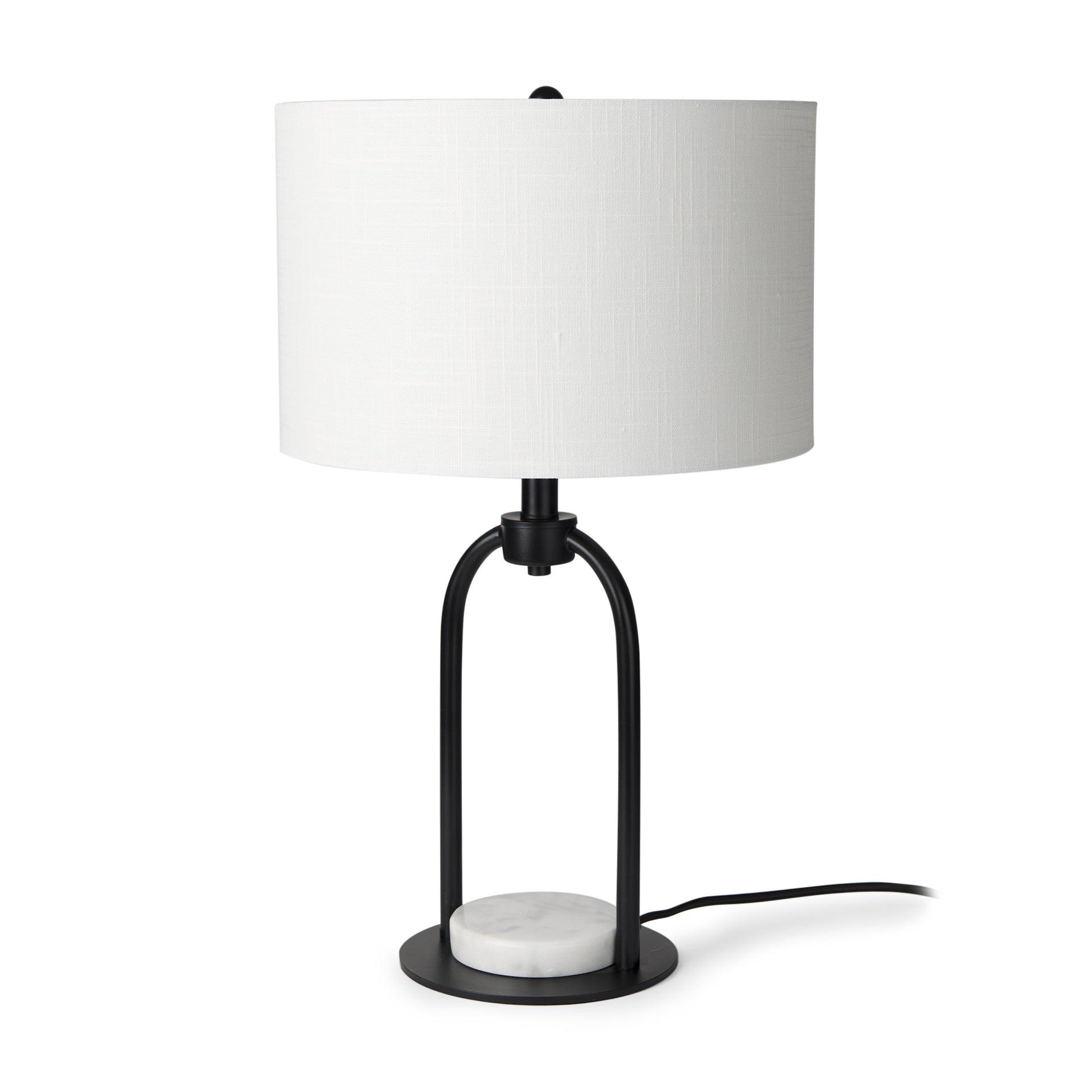 Sarah 15.0L x 10.0W x 22.2H Arched Black Metal W/Marble Cube and White Shade Table Lamp - Frankwebs