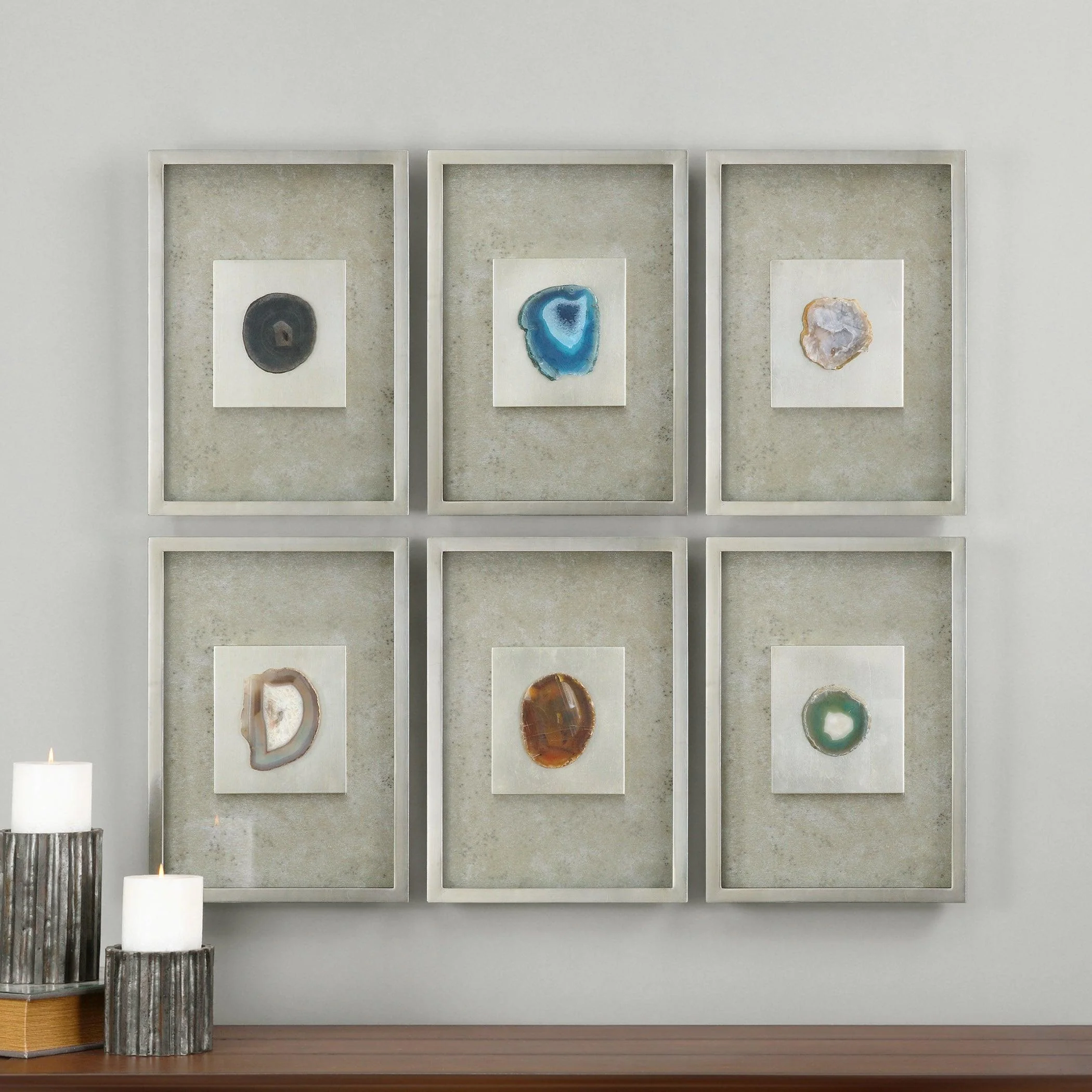 AGATE STONE SILVER WALL ART SET OF 6 - Frankwebs