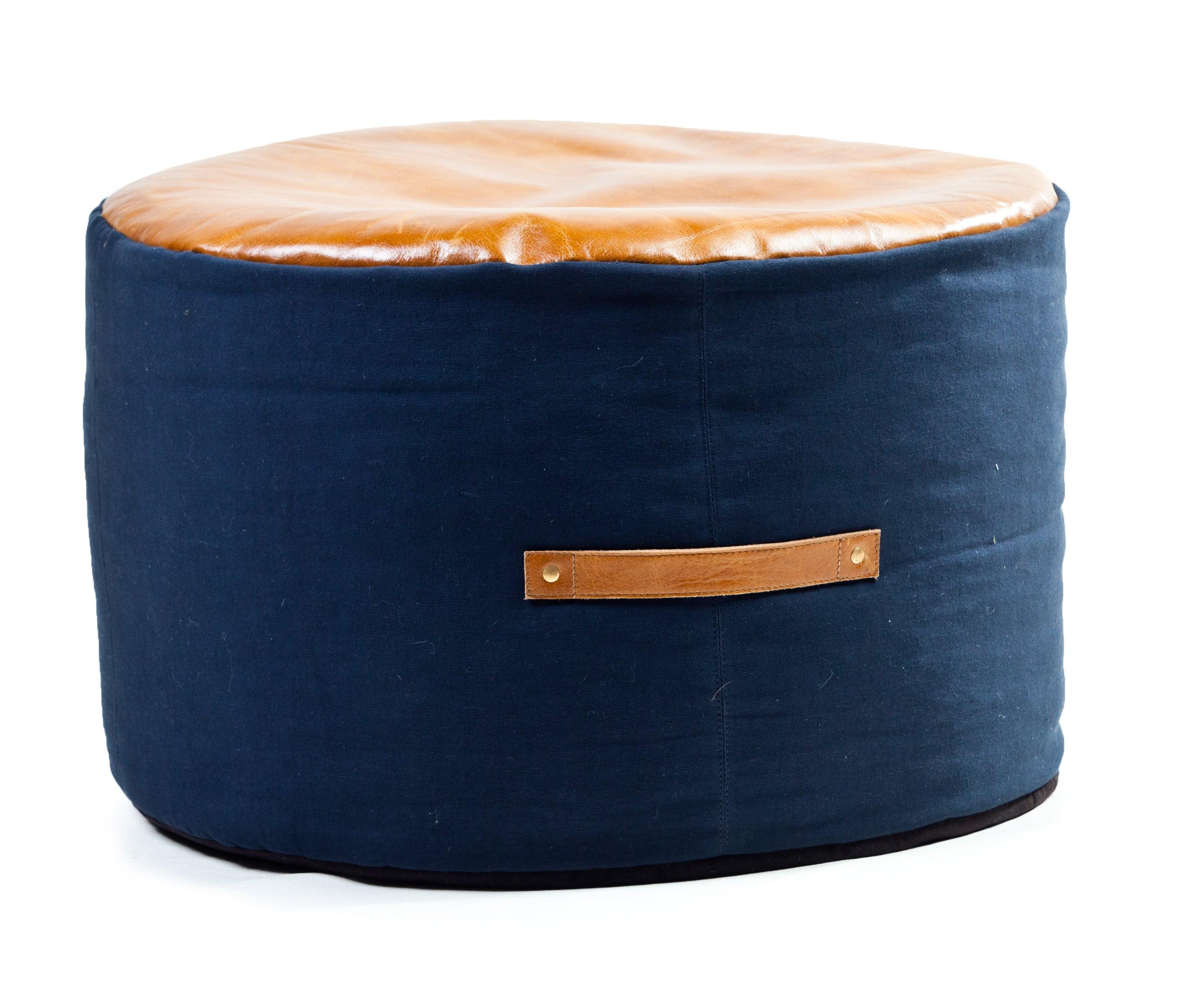 Cotton Navy Pouf with Leather Chestnut Top and Handle accents - Frankwebs