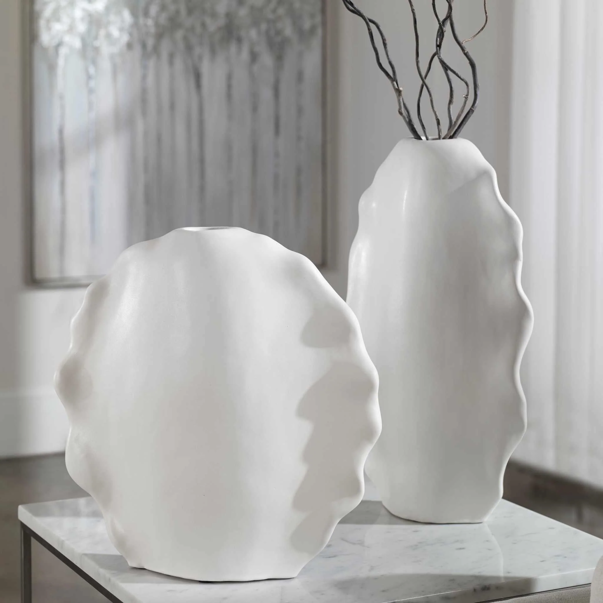 RUFFLED FEATHERS MODERN WHITE VASES, SET OF 2 - Frankwebs