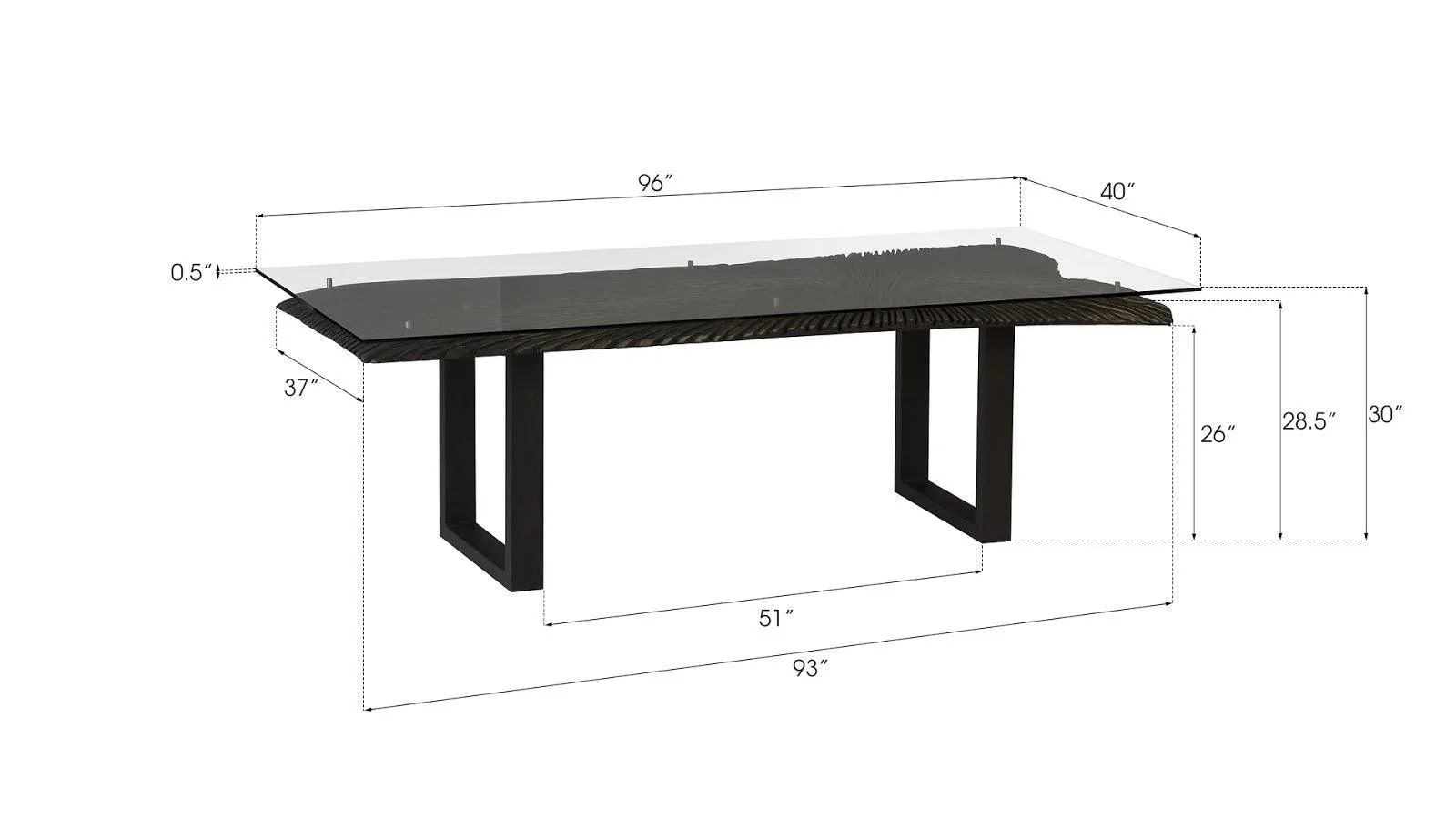 Chainsaw Dining Table with Glass, Burnt Black, Black Iron U Legs - Frankwebs