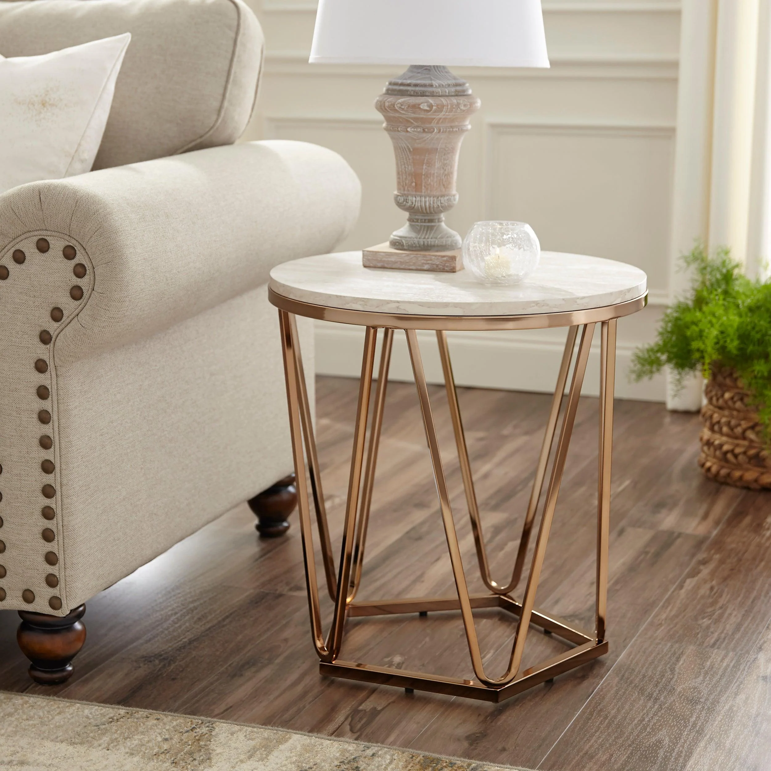 Luna Round Faux Stone End Table – Champagne - Frankwebs