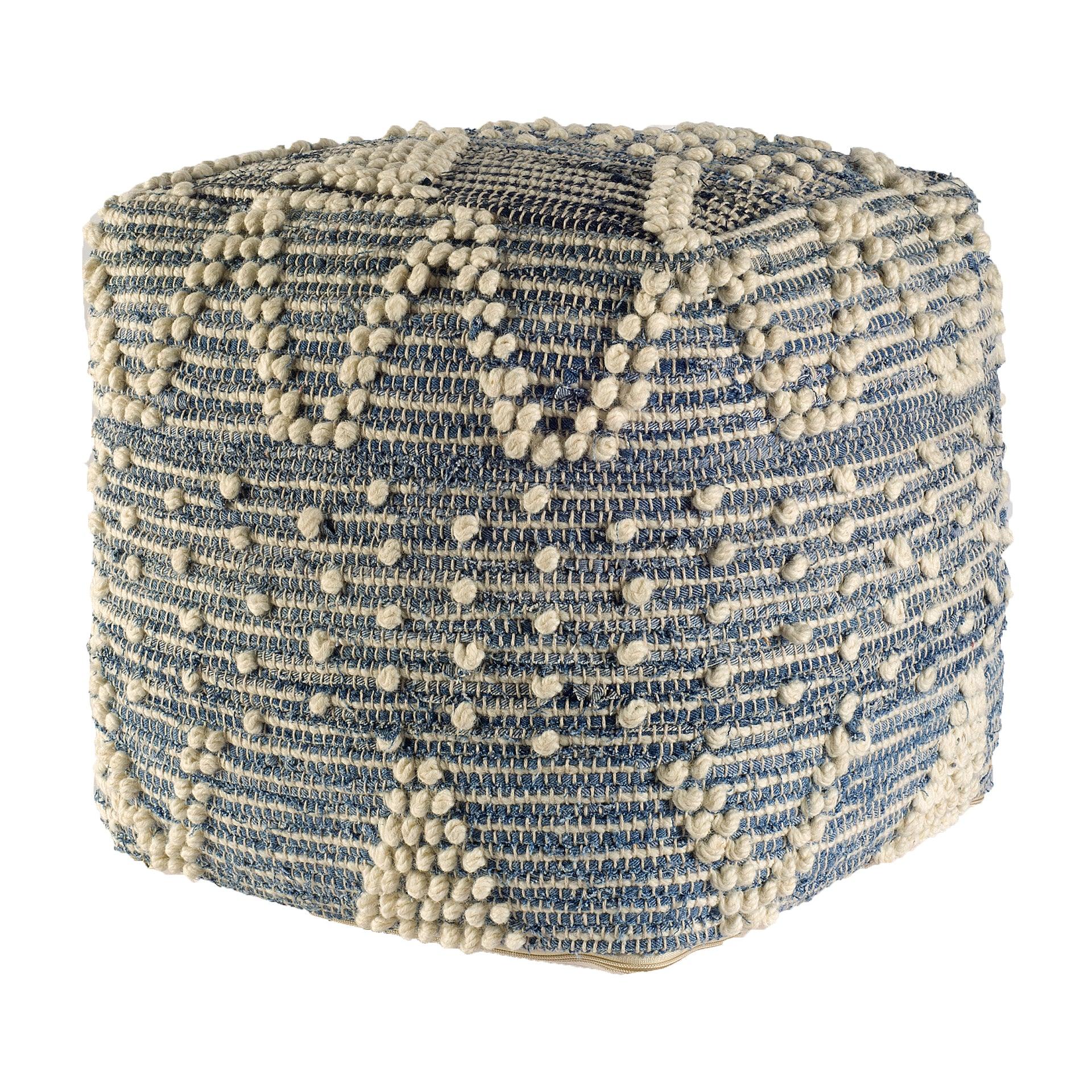 Rofi Blue Denim and Cream Cotton Stitched Square Pouf - Frankwebs