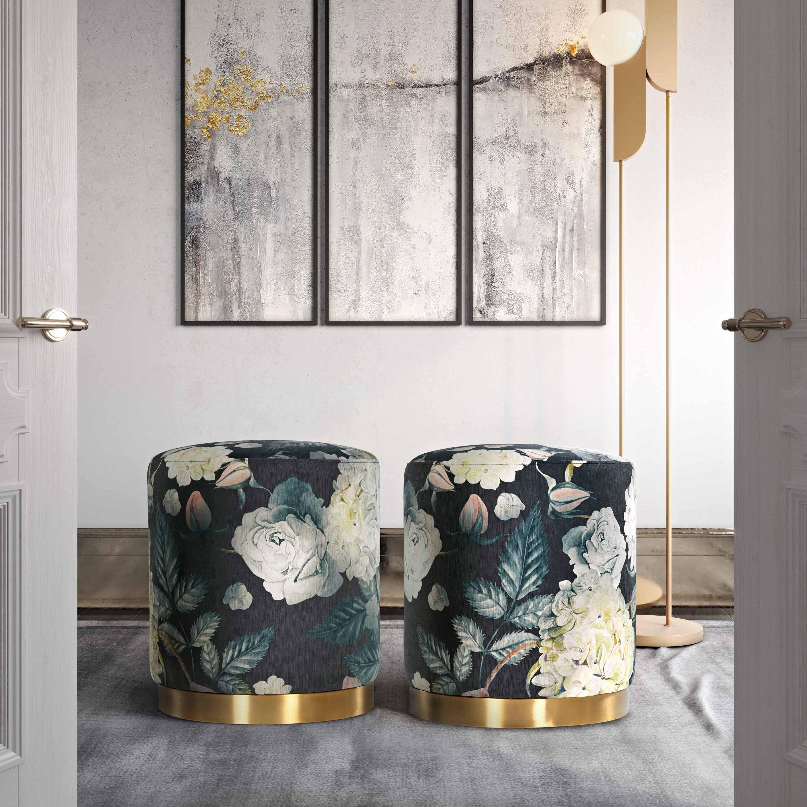 Opal Floral Velvet Ottoman with Gold Base - Frankwebs