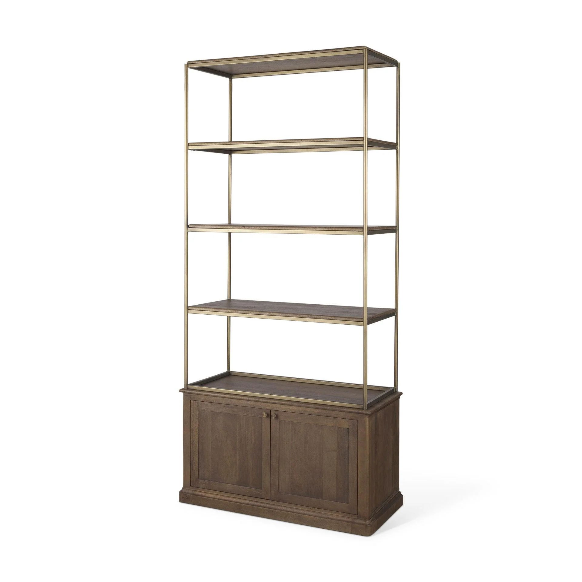Braxton Dark Brown Wood w/ Antiqued Aged Brass Metal 3 Tiers 2 Door Shelving Unit - Frankwebs