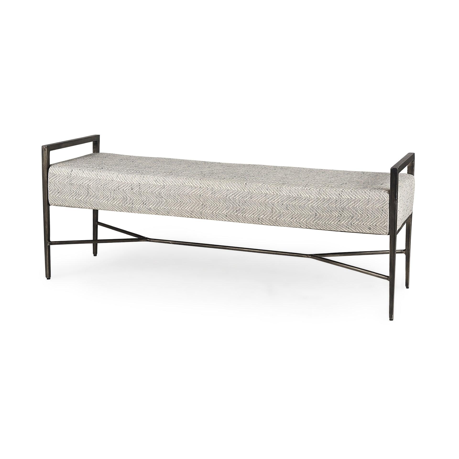Charlotte  55.0L Gray Herringbone Fabric Seat w/ Antique Nickel Metal Frame Bench - Frankwebs