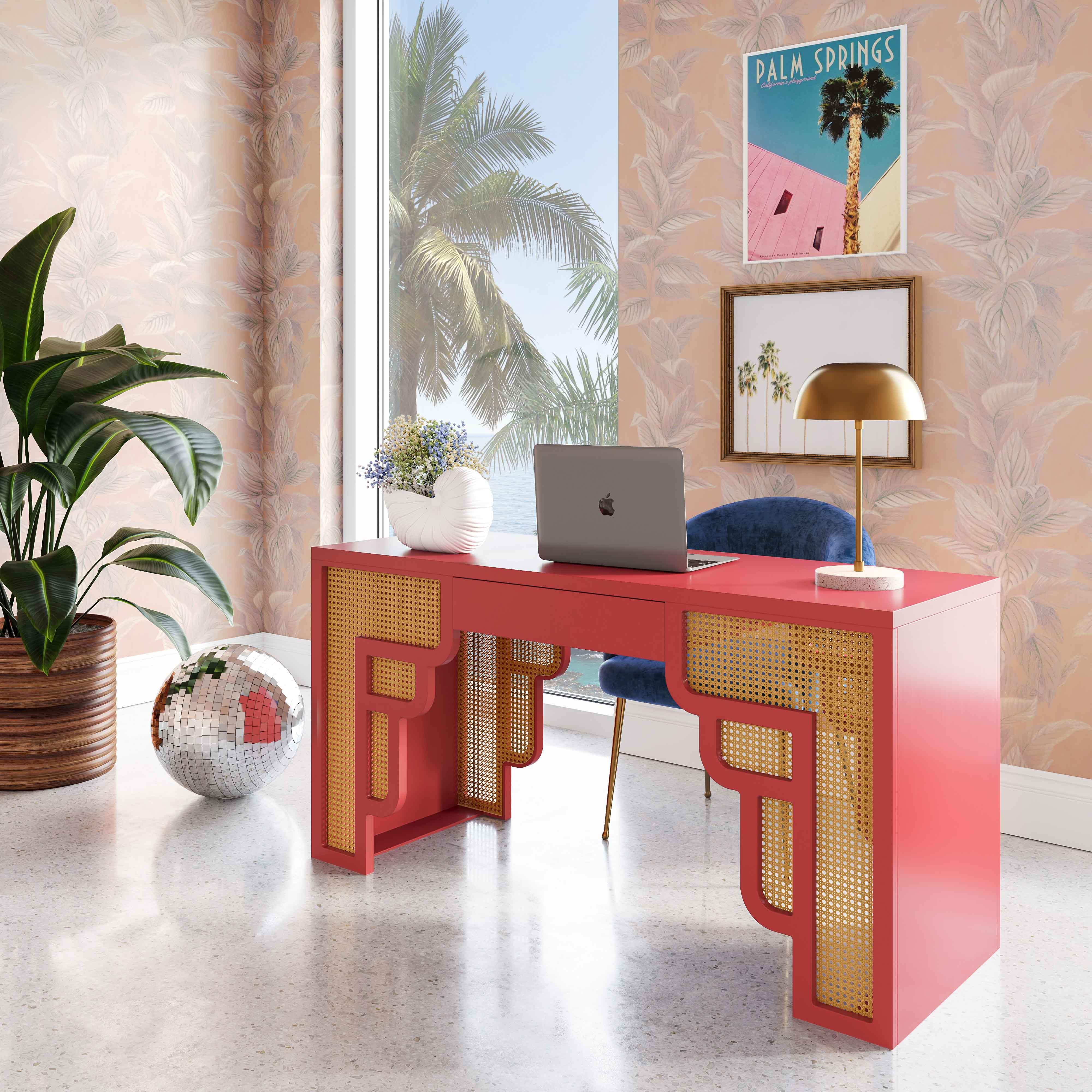 Suzie Coral Pink & Rattan Executive Desk - Frankwebs