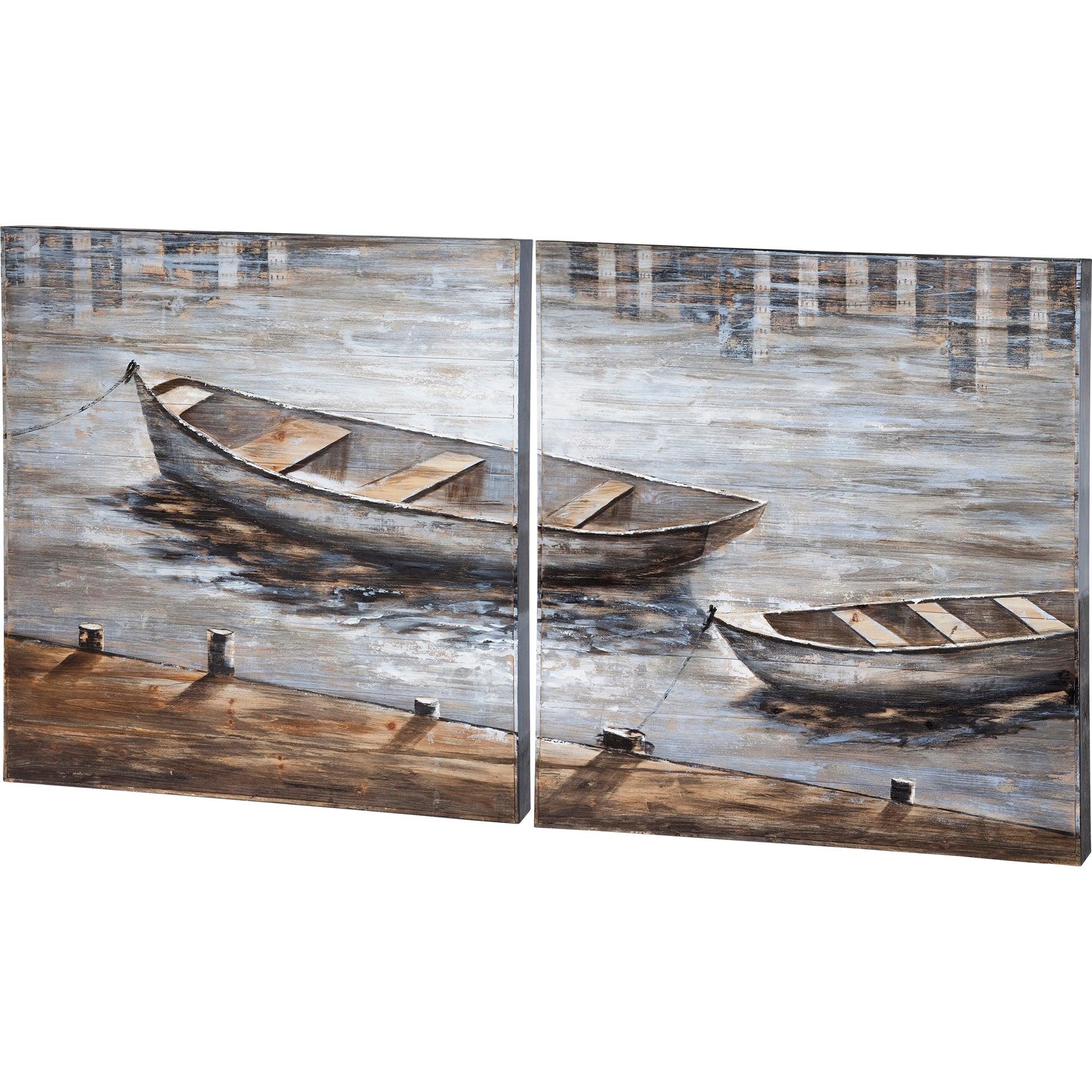 Creekside Diptych 80x40 Boats Original Hand Painted on Wood Oil Painting - Frankwebs