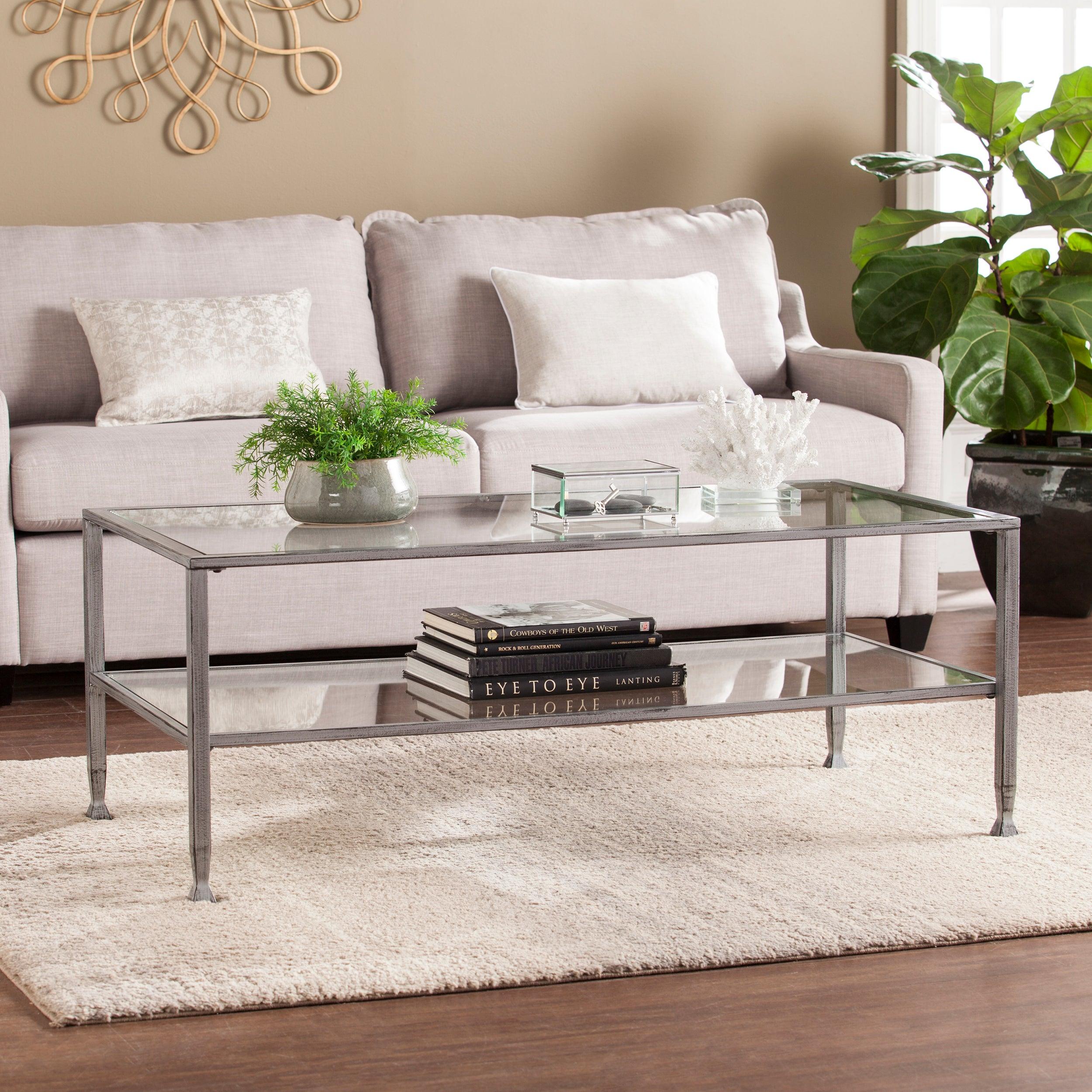 Jaymes Metal/Glass Rectangular Open Shelf Cocktail Table - Silver - Frankwebs
