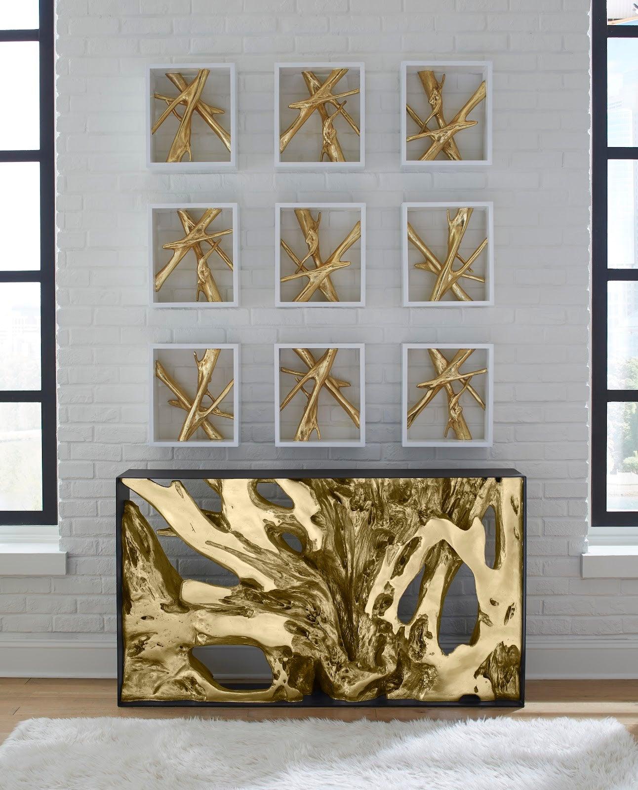 Framed Branches Wall Tile, White, Gold Leaf - Frankwebs
