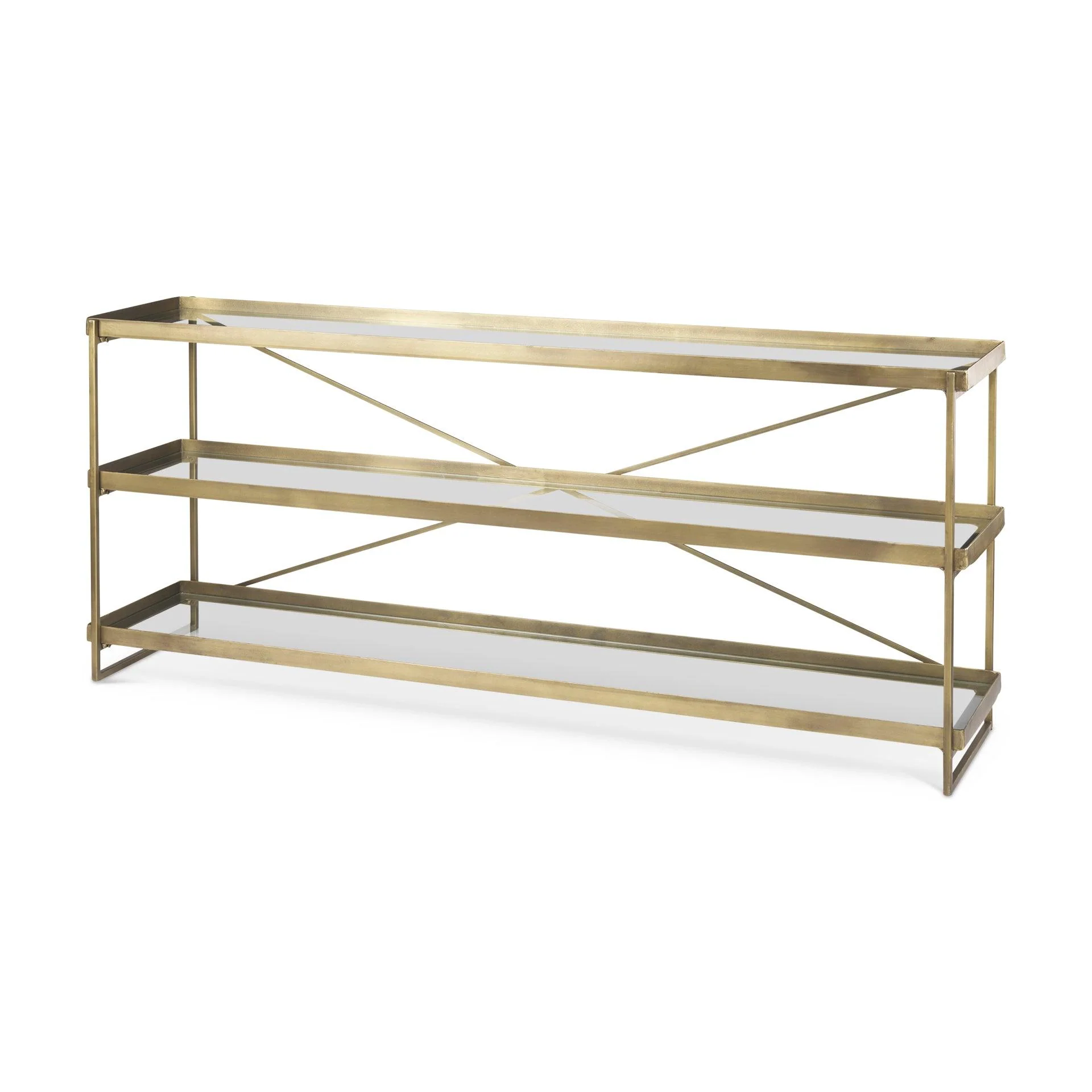 Trey 72.0L x 16.0W x 30.0H Gold Metal W/Glass Console Table - Frankwebs