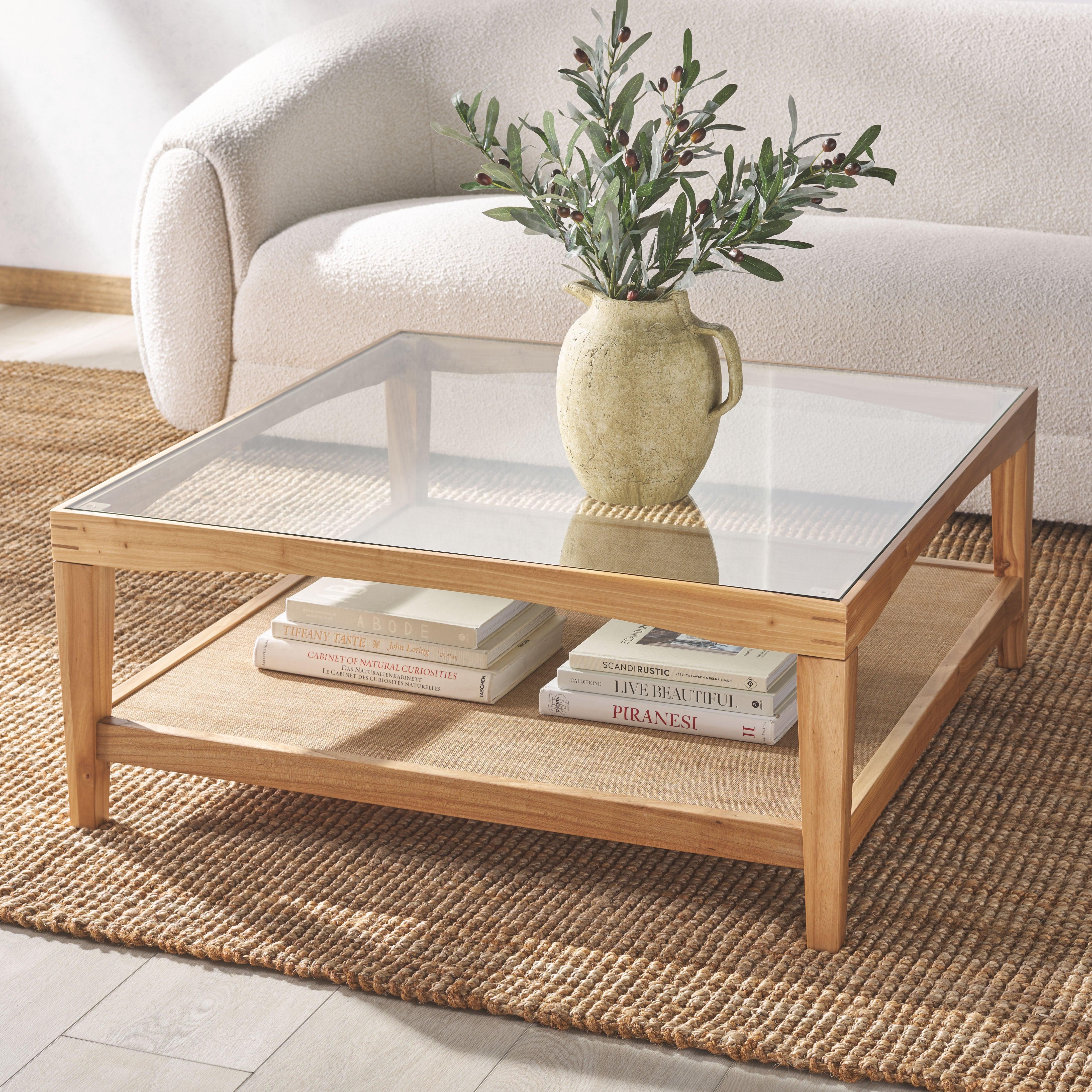 NICOLELLA SQUARE GLASS AND LINEN COFFEE TABLE - Frankwebs