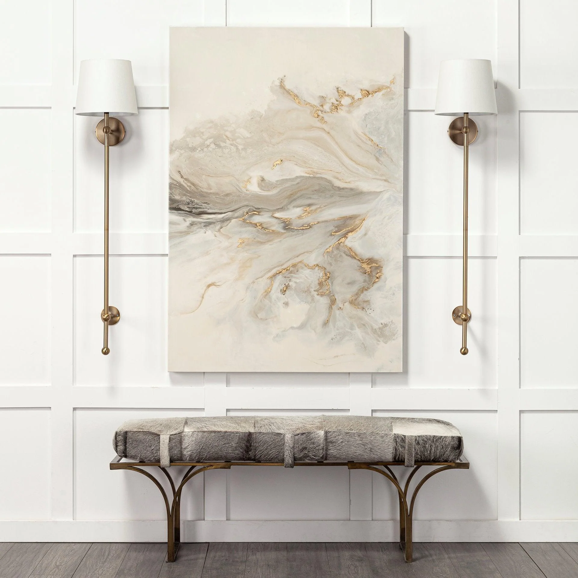 Jessie 55L x 16W White/Gray Hair-On-Hide Seat W/Gold Metal Base Accent Bench - Frankwebs