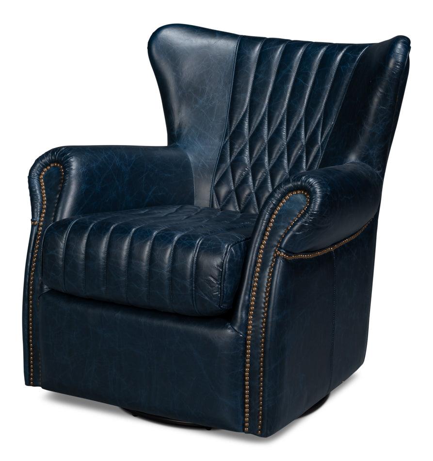 Bugatti Leather Swivel Chair - Blue - Frankwebs