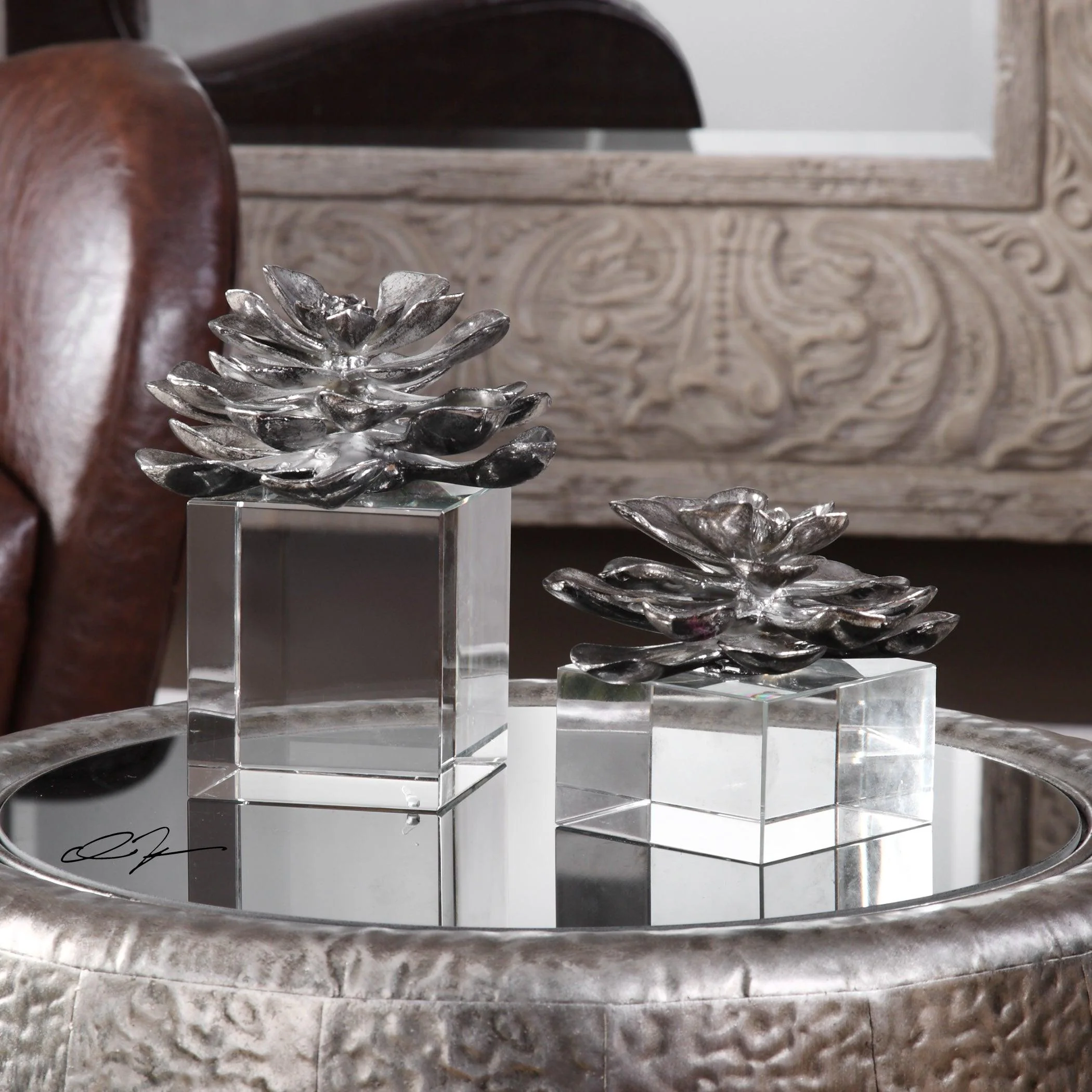 Indian Lotus Metallic Silver Flowers S/2 - Frankwebs
