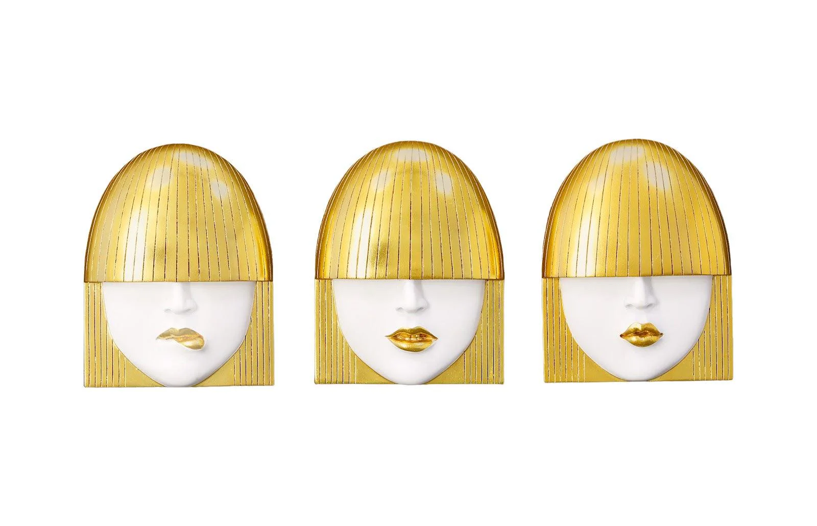 Fashion Faces Wall Art, Small, White and Gold Leaf, Set of 3 - Frankwebs