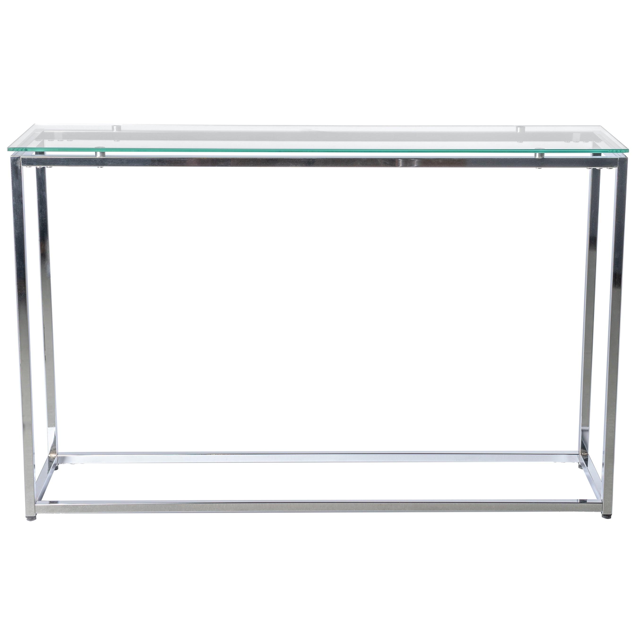 SANDOR LONG CONSOLE TABLE WITH CLEAR TEMPERED GLASS TOP AND CHROME FRAME - Frankwebs