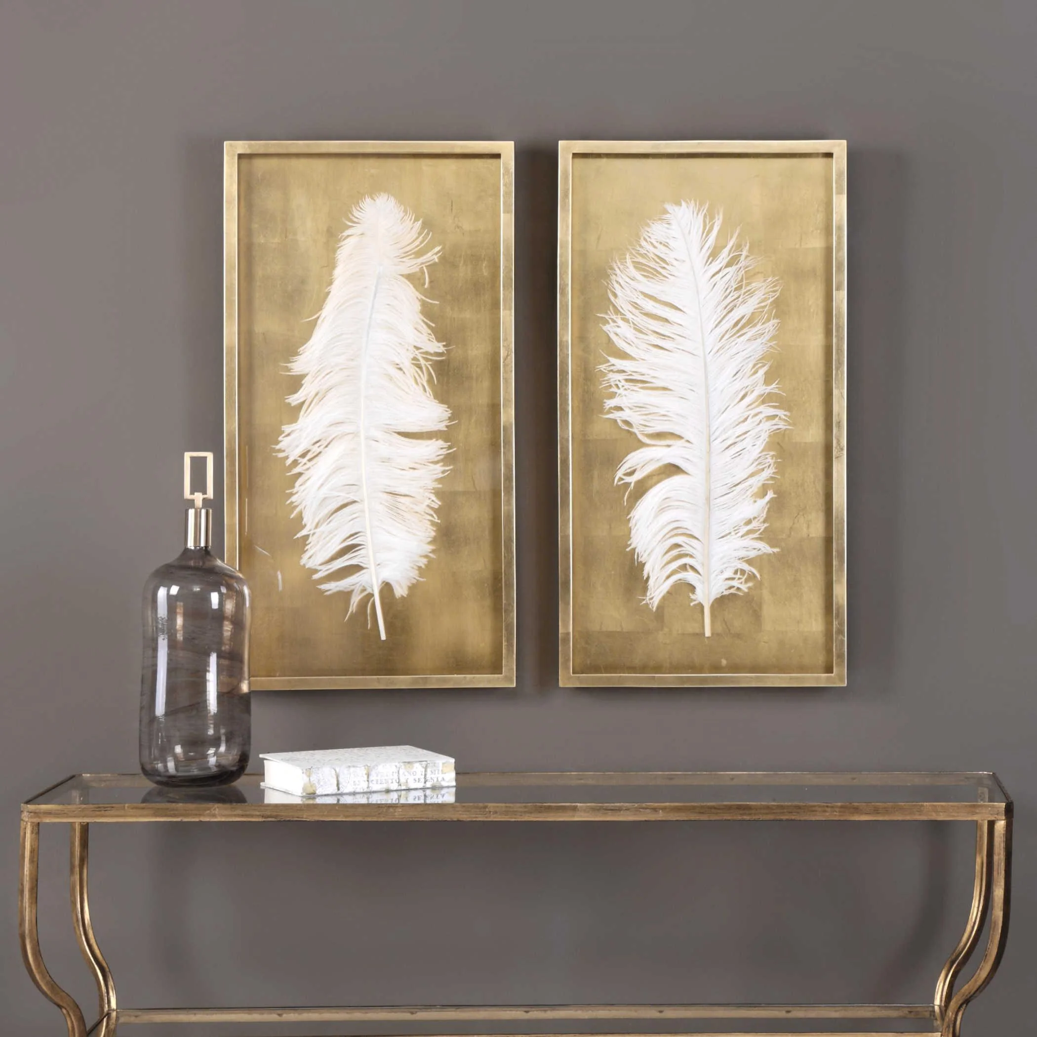 White Feathers Gold Shadow Box S/2 - Frankwebs