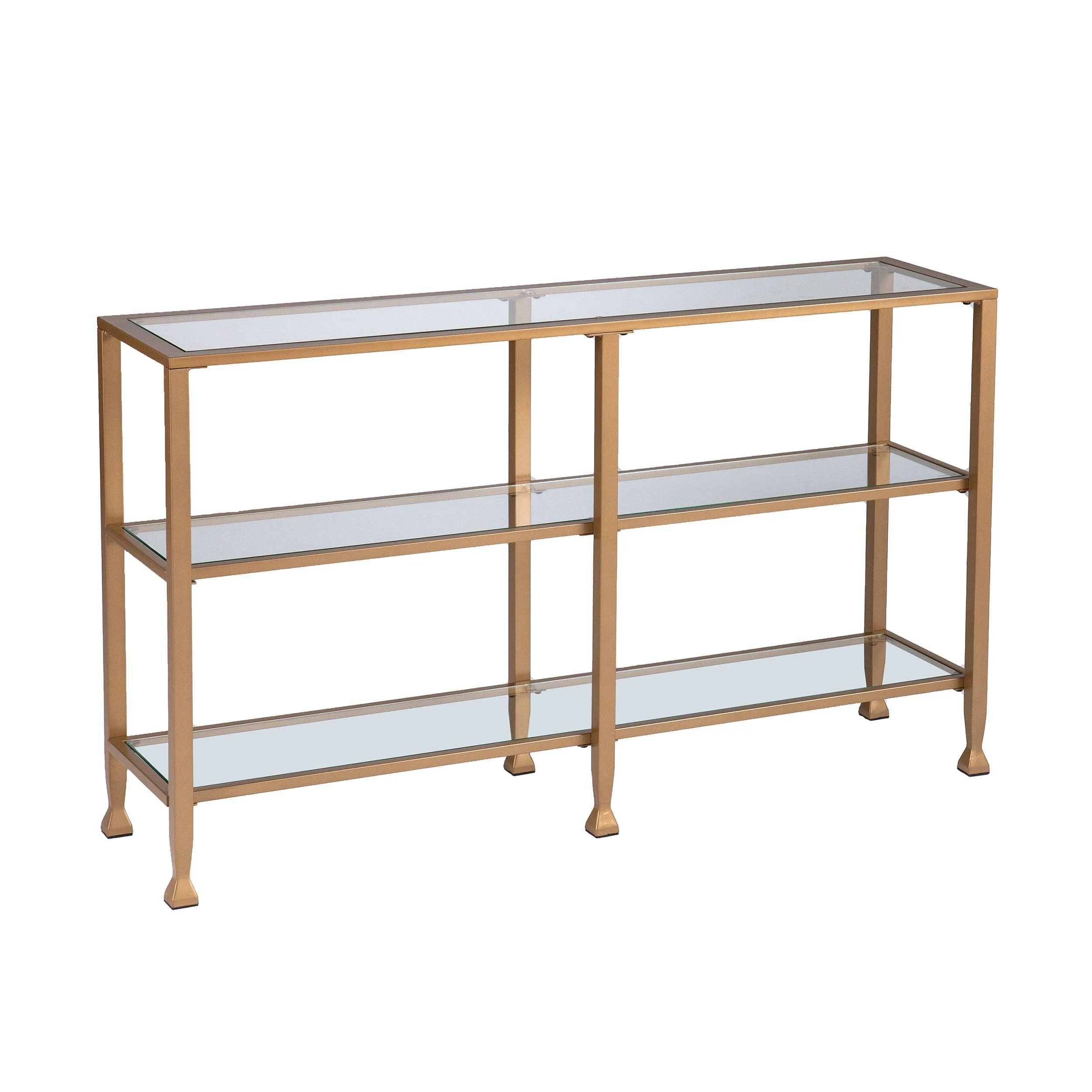 Jaymes Narrow Metal Console Table w/ Glass Shelves - Gold - Frankwebs