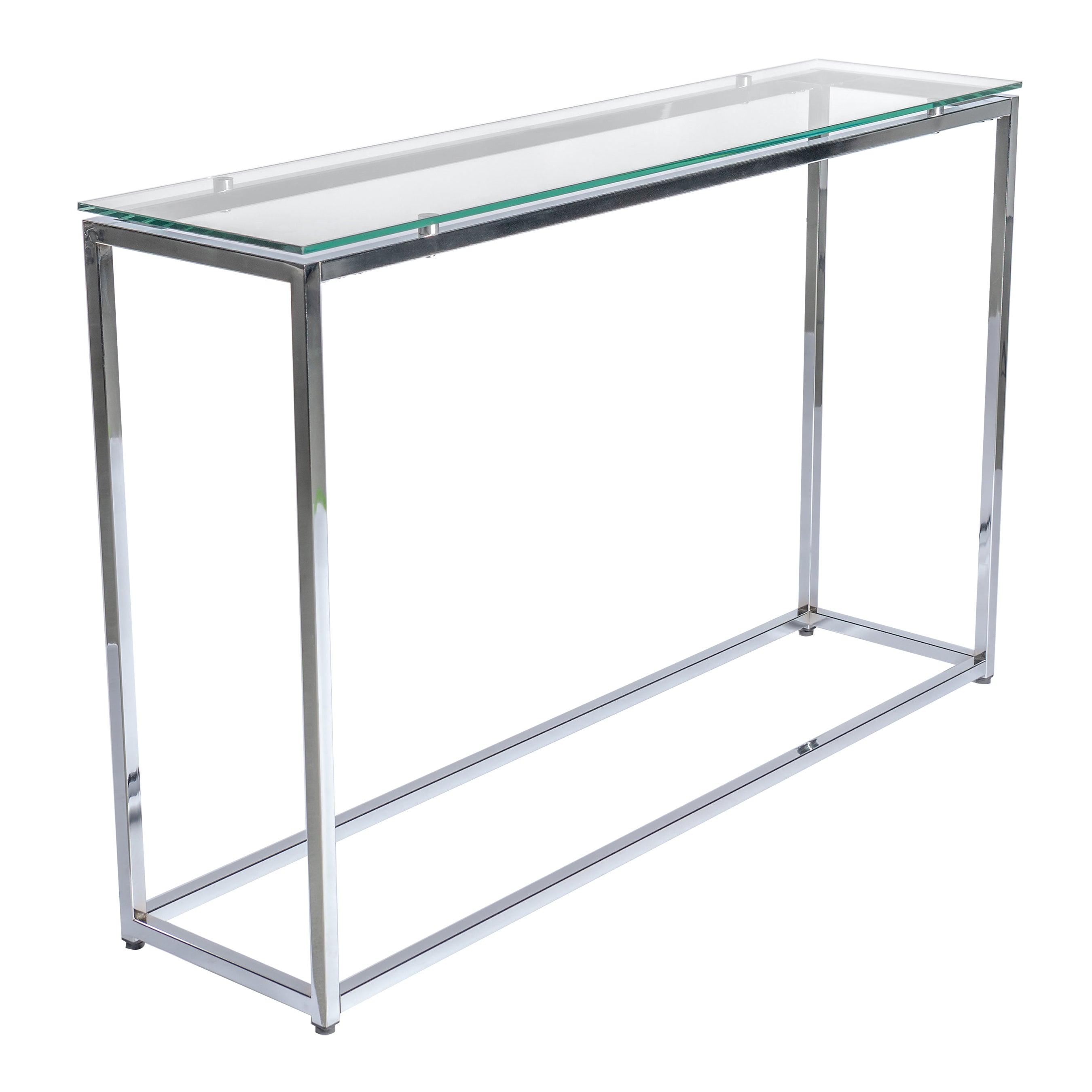 SANDOR LONG CONSOLE TABLE WITH CLEAR TEMPERED GLASS TOP AND CHROME FRAME - Frankwebs