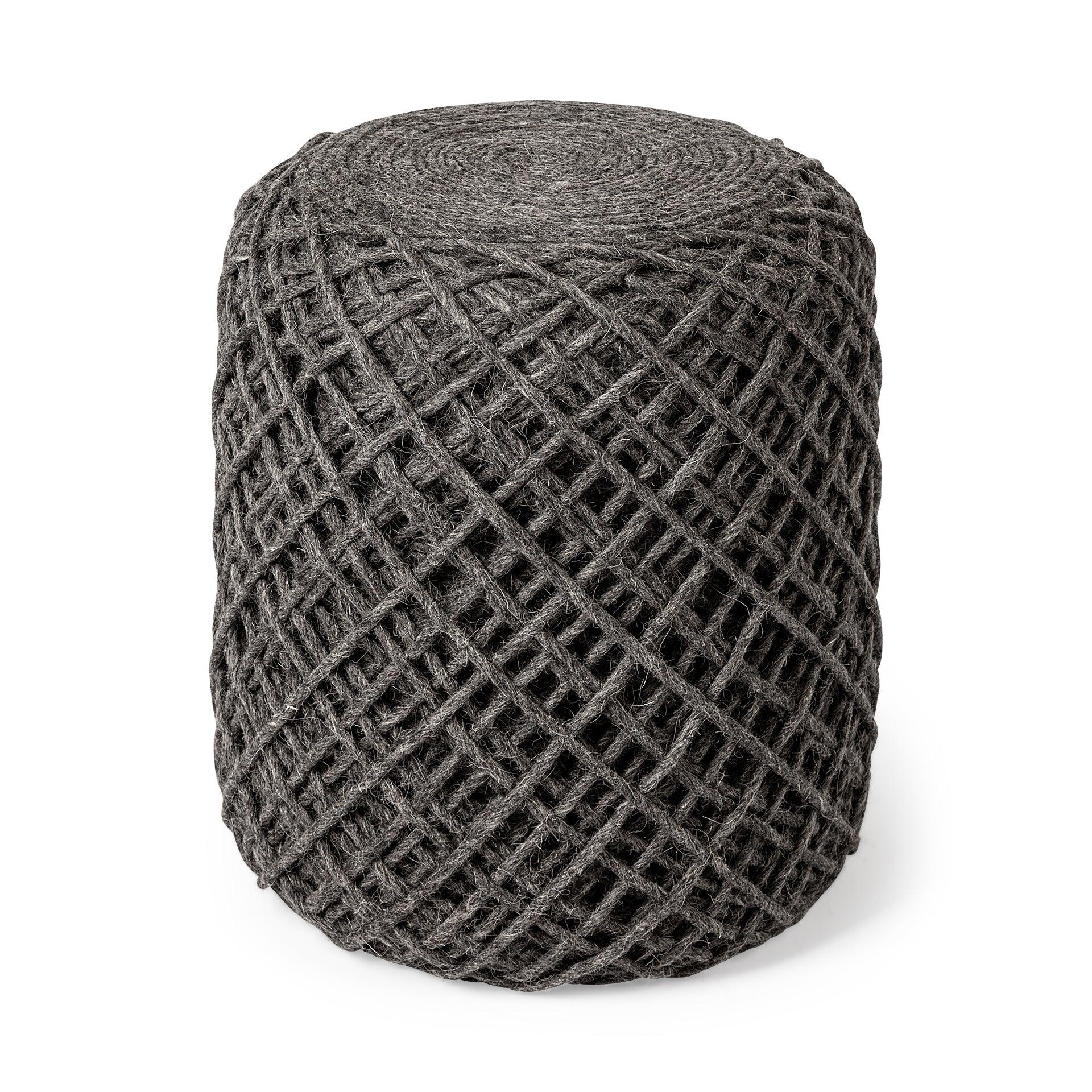 Allium Dark Gray Handwoven Wool Cylindrical Pouf - Frankwebs