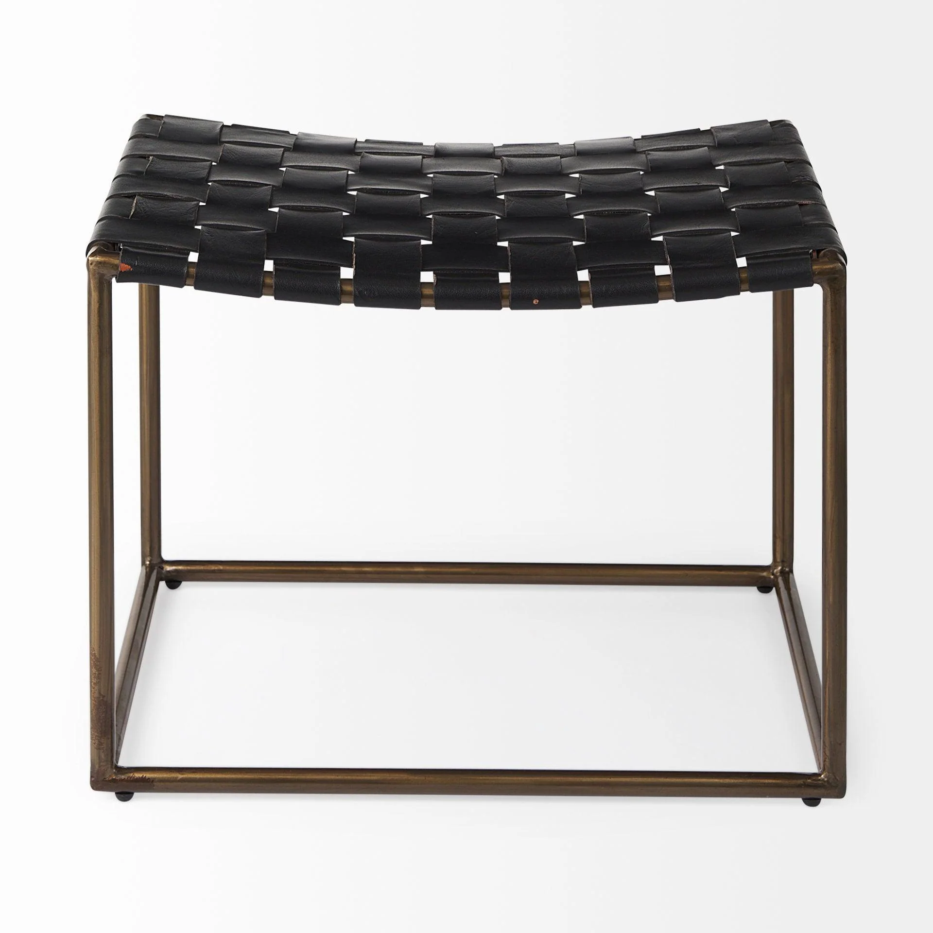 Clarissa 22.0L x 16.0W x 16.75H Black Leather Woven Seat W/ Gold Metal Frame Stool - Frankwebs