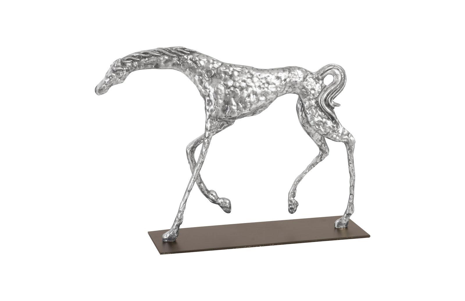 Prancing Horse Sculpture on Black Metal Base, Silver Leaf - Frankwebs