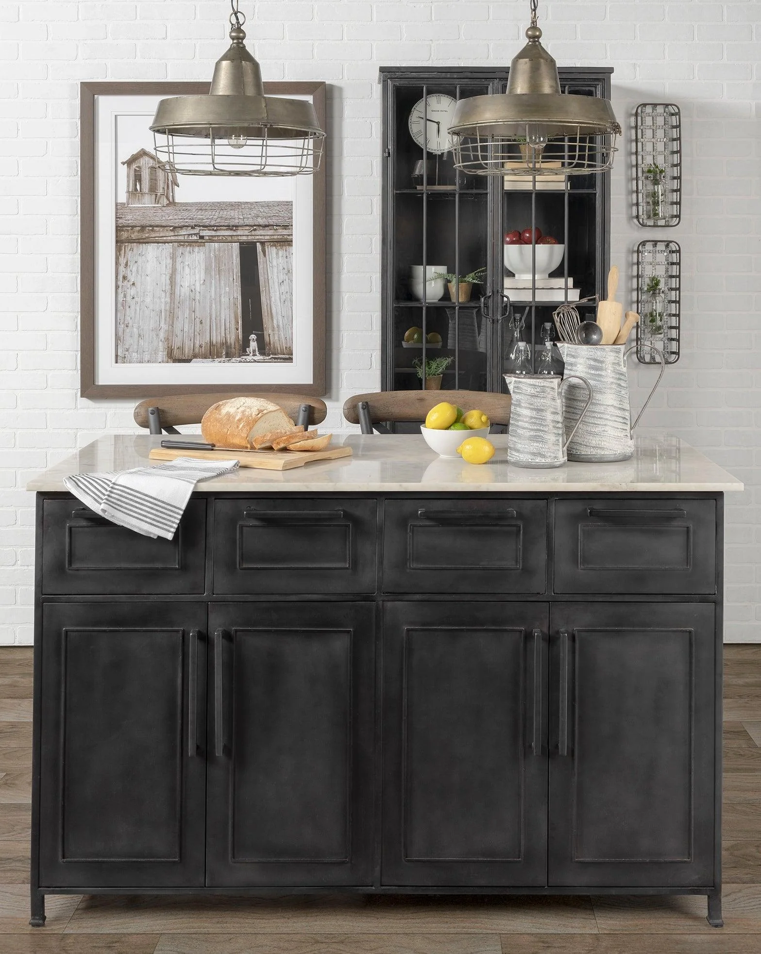Fieri Solid Iron Black Body White Marble Top Four Drawer Kitchen Island - Frankwebs