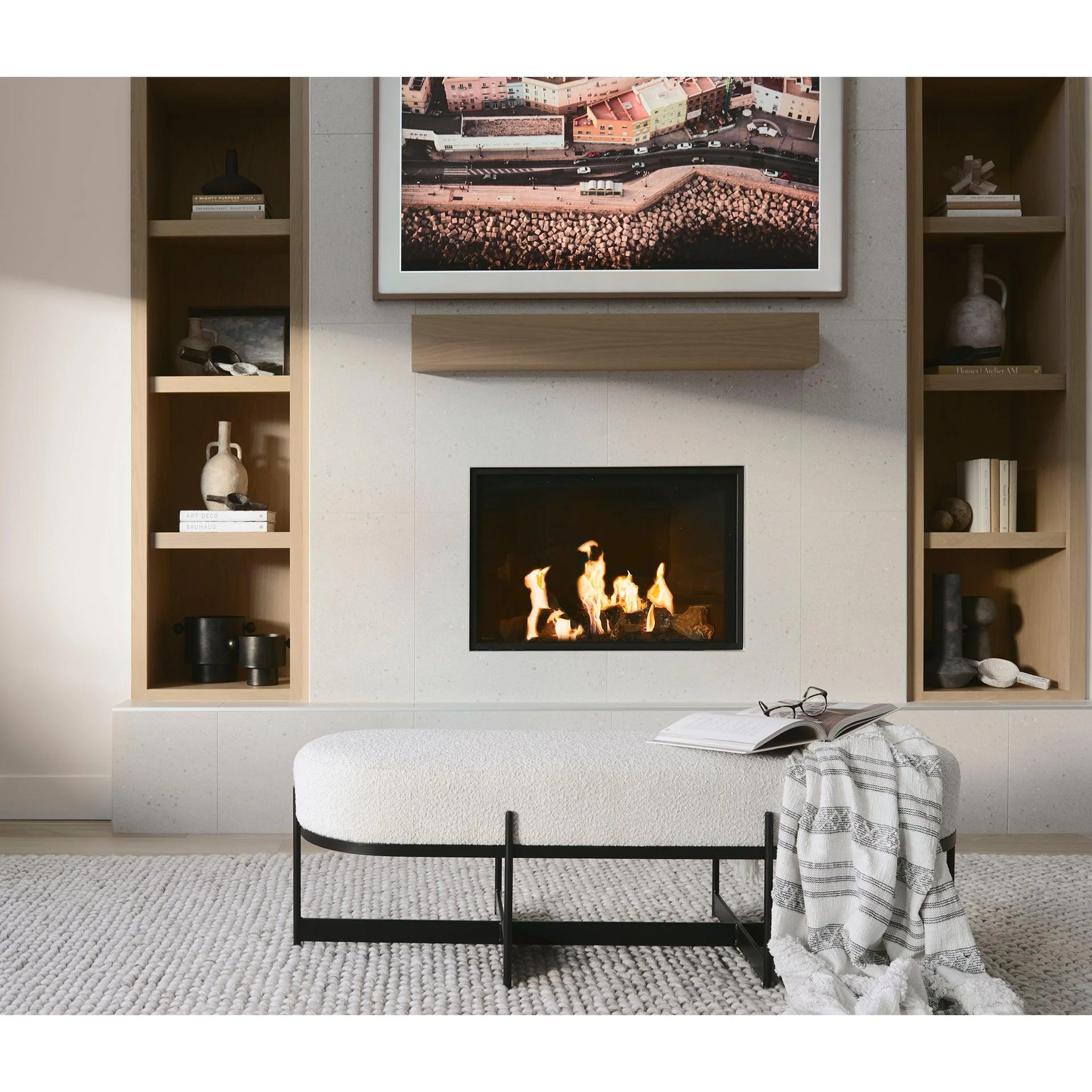 Amelia 55.0L x 18.0W x 18.0H Cream Boucle W/Black Metal Upholstered Bench - Frankwebs