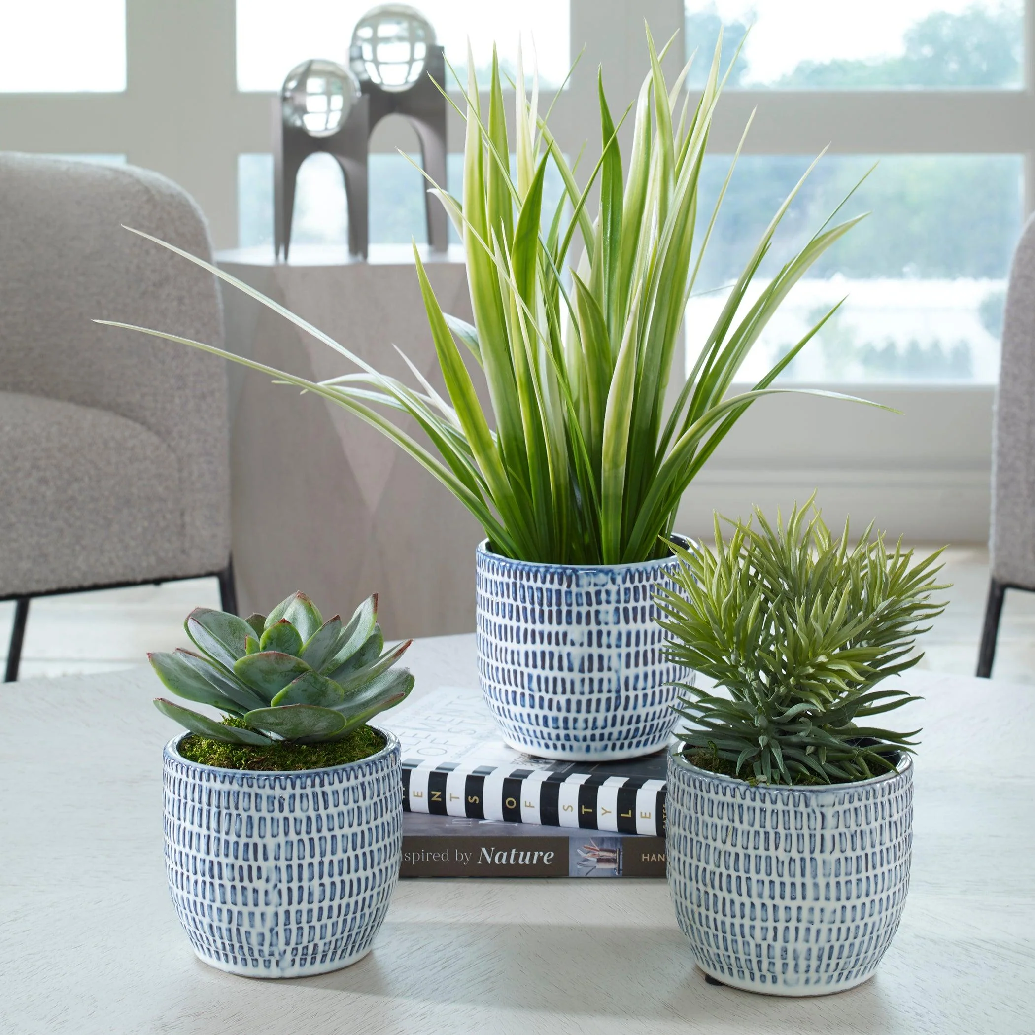 PUEBLA GREENERY IN BLUE & WHITE POTS, SET OF 3 - Frankwebs