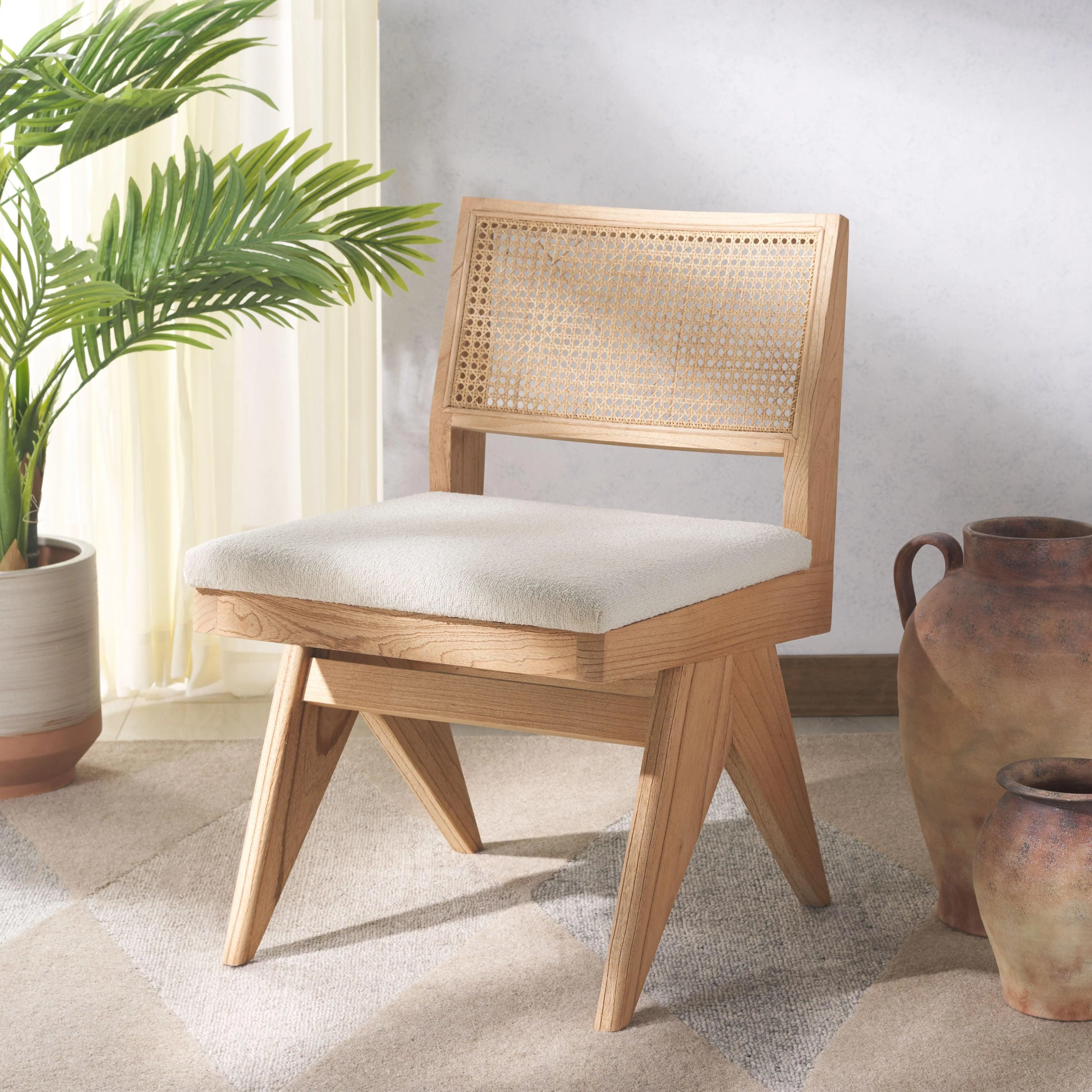 JAQUELINE BOUCLE AND RATTAN BACK DINING CHAIR - Frankwebs