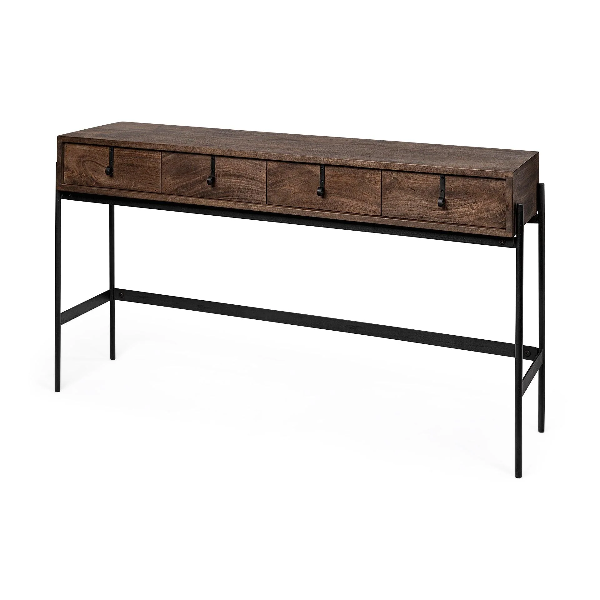 Glenn III 56L x 14W Dark Brown Wood w/ Black Iron Frame, 4 Drawer Console Table - Frankwebs
