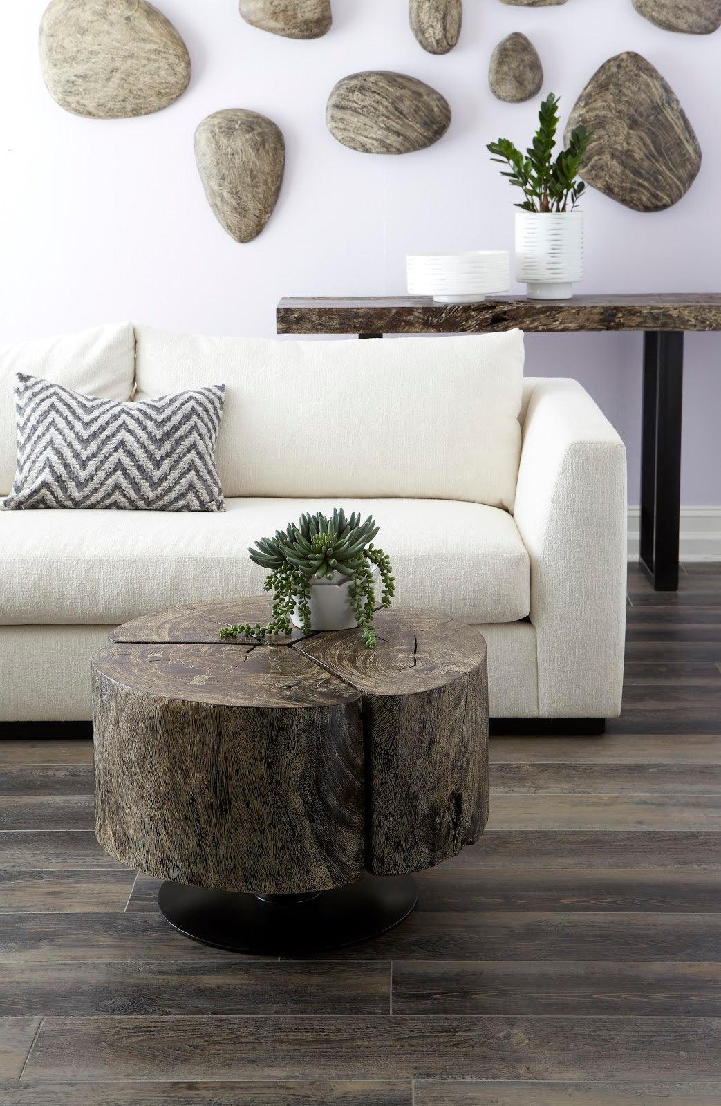 Clover Coffee Table, Chamcha Wood, Gray Stone Finish, Metal Base - Frankwebs
