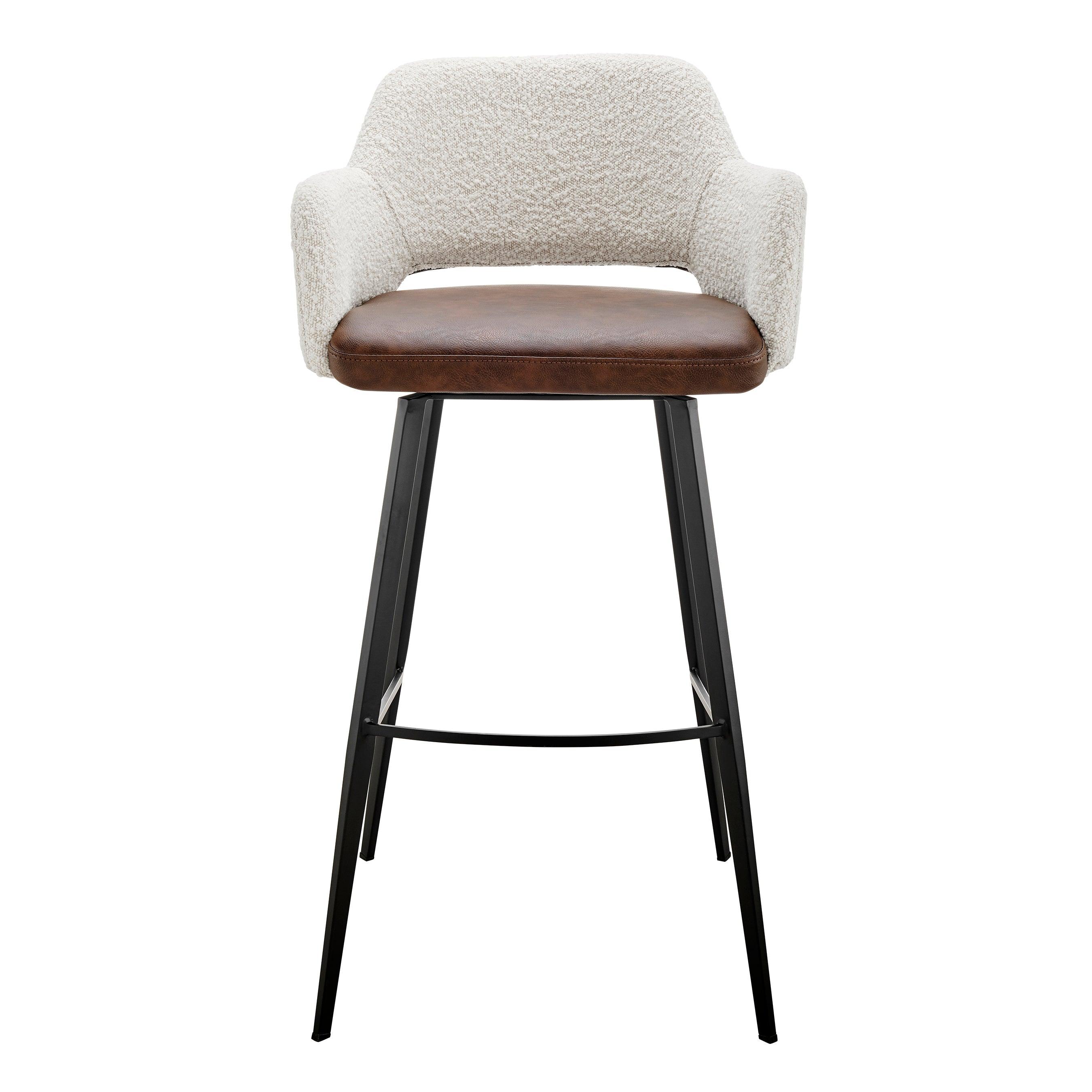 Desi Swivel Bar Stool in Ivory Fabric and Light Brown Leatherette with Black Base - Set of 1 - Frankwebs