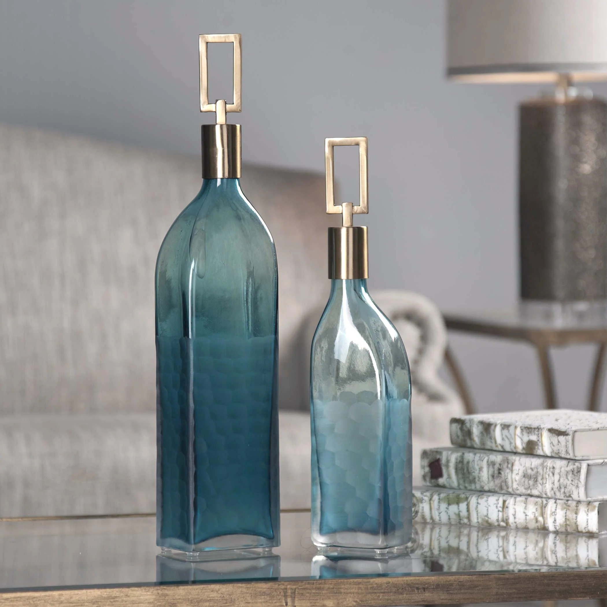 ANNABELLA TEAL GLASS BOTTLES, SET OF 2 - Frankwebs