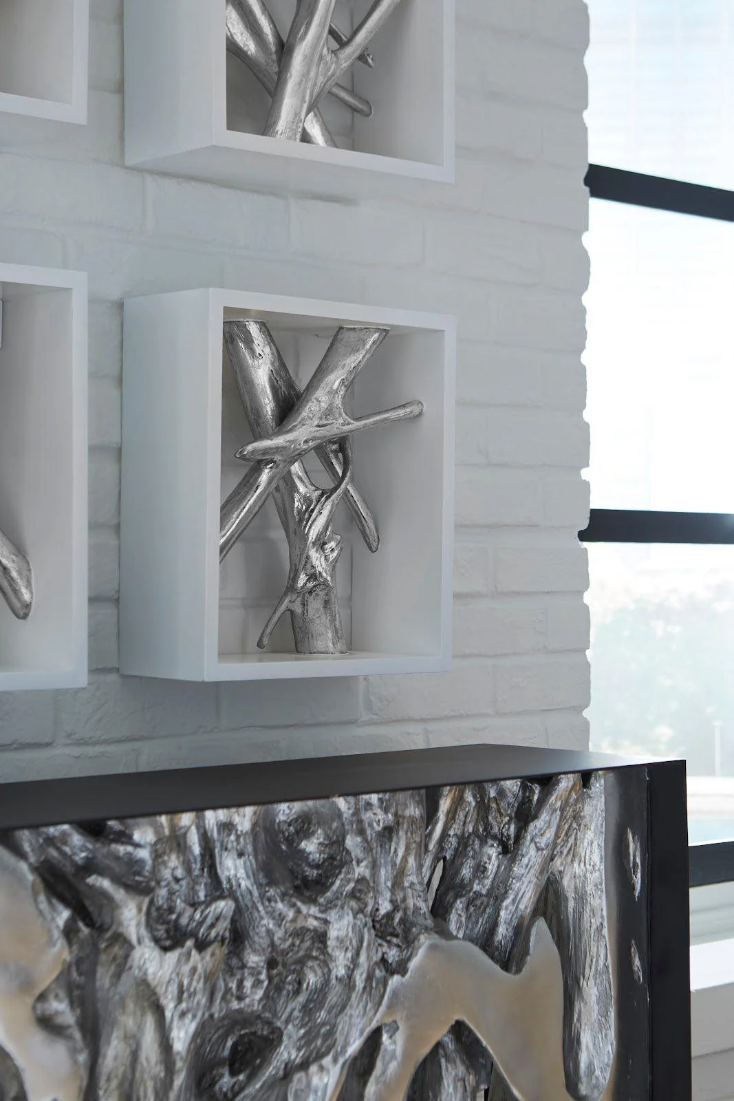 Framed Branches Wall Tile, White, Silver Leaf - Frankwebs