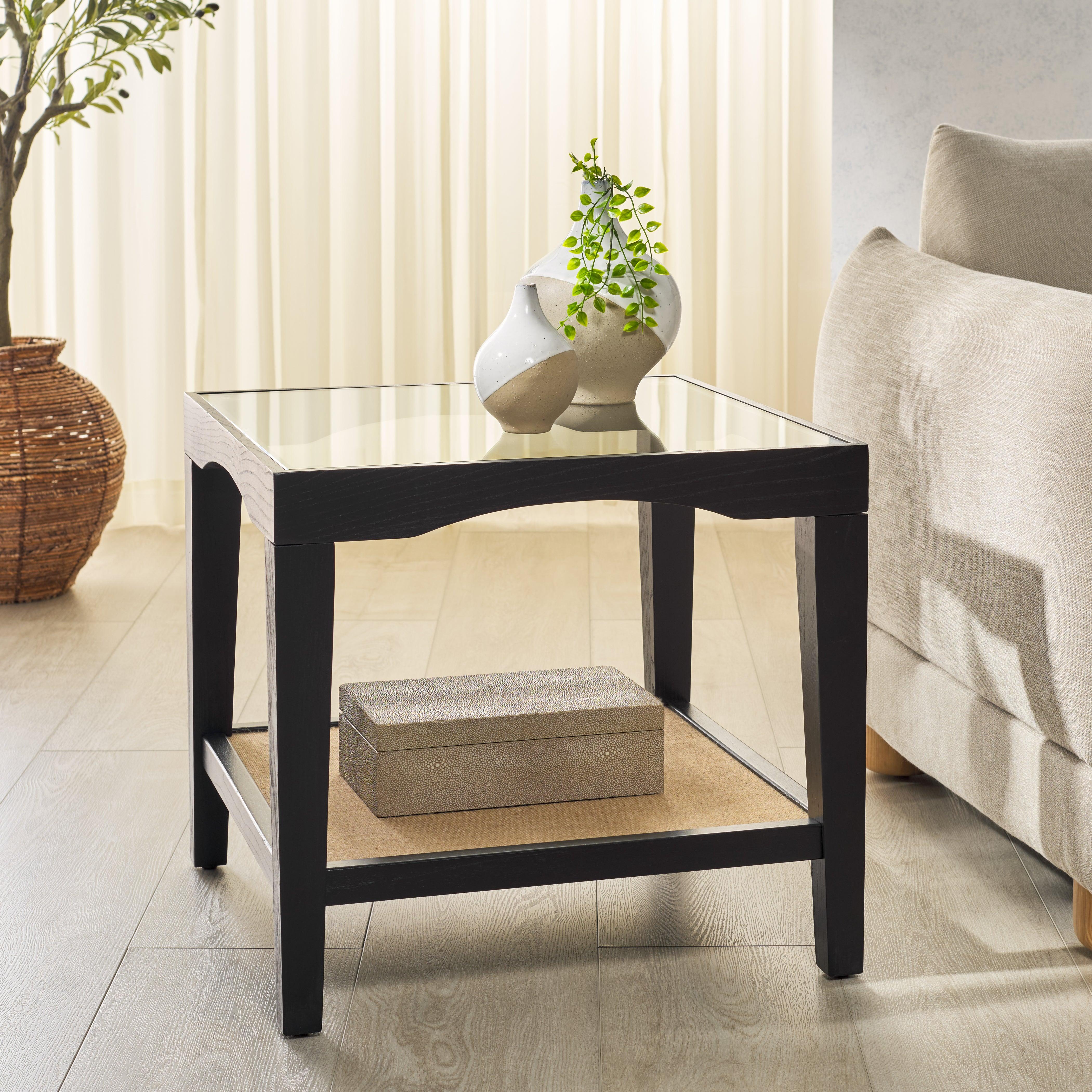 Nicolella Square Glass And Linen Accent Table - Frankwebs