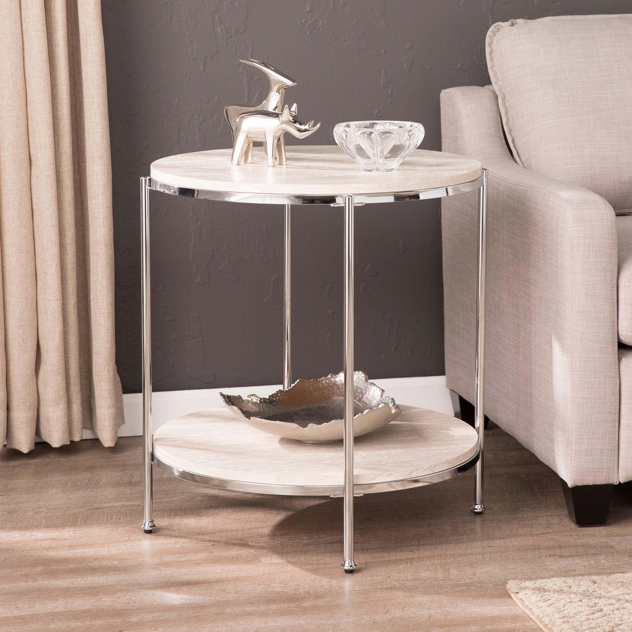 Silas Round Faux Stone End Table - Chrome - Frankwebs