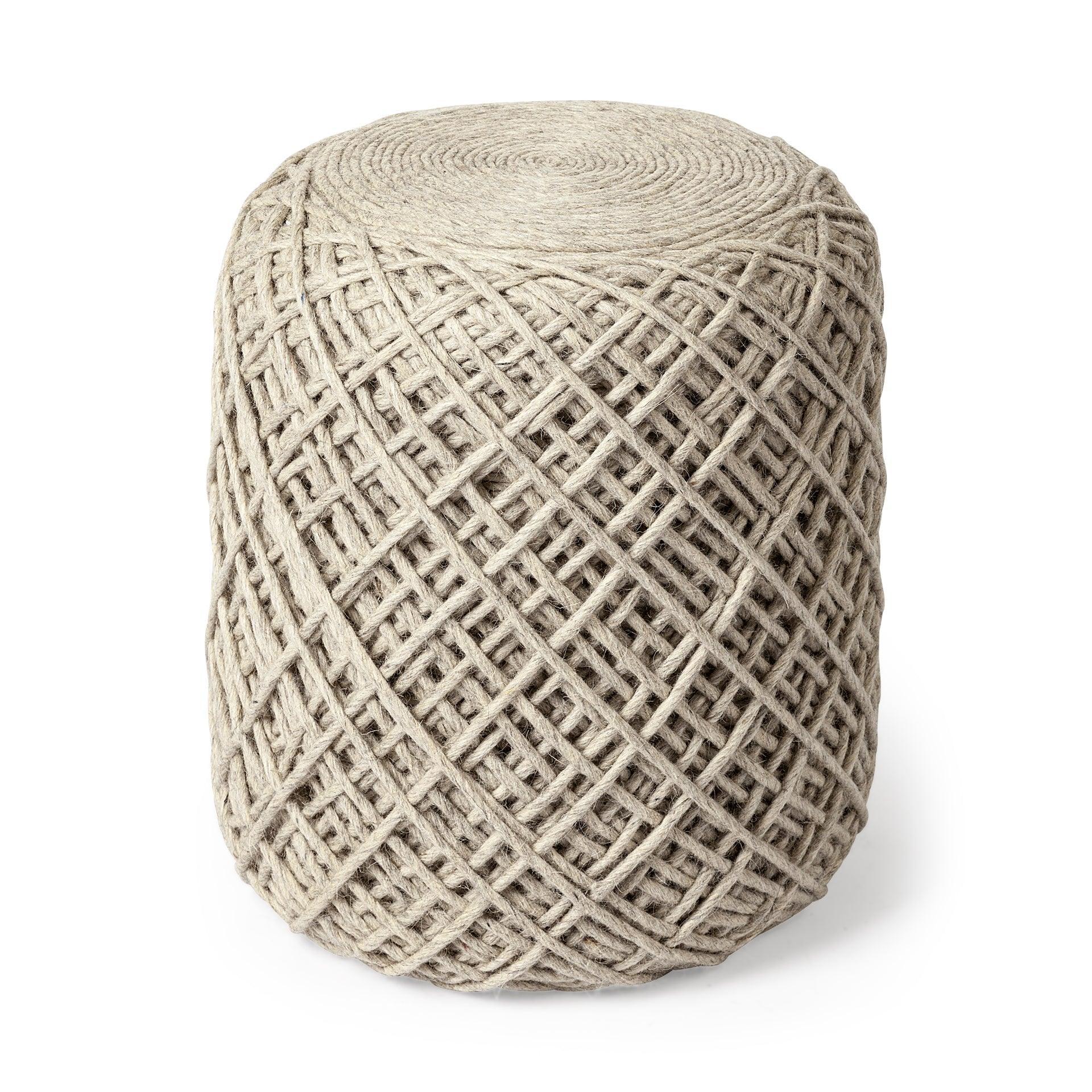 Allium Oatmeal Handwoven Wool Cylindrical Pouf - Frankwebs