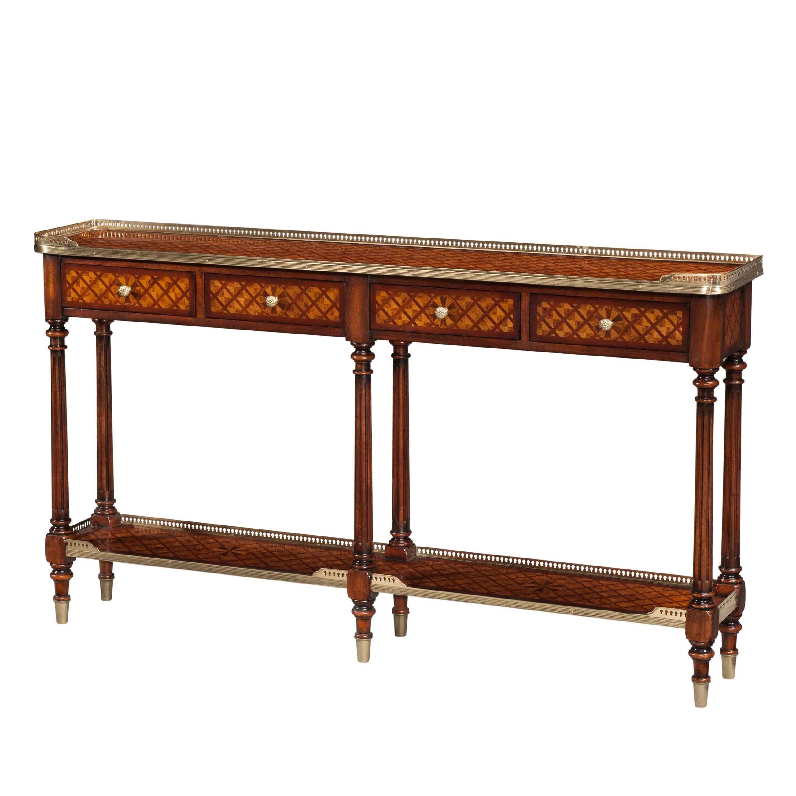 Burl Lattice Parquetry, Brass Mounted Console Table - Frankwebs