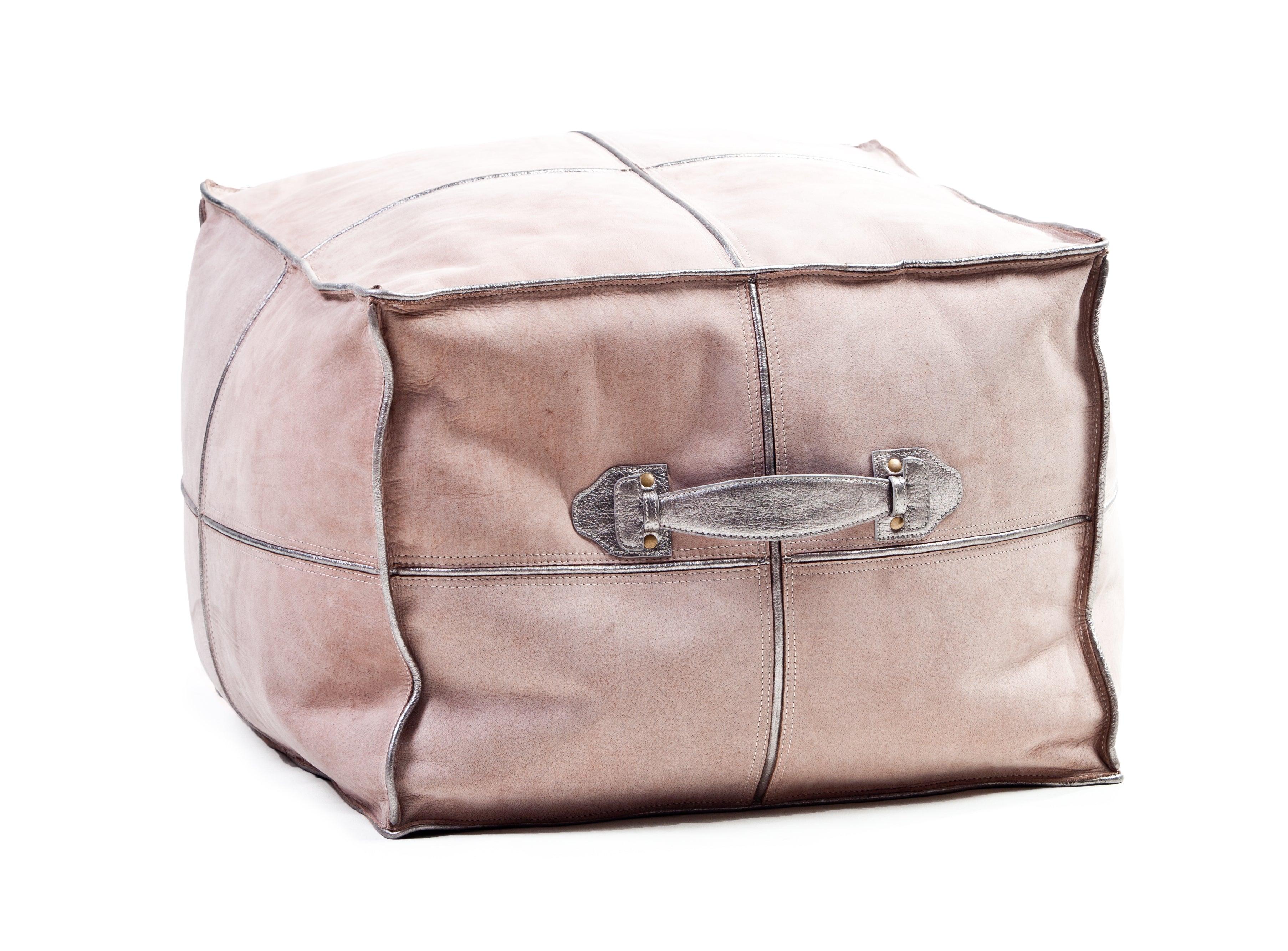 Pink Suede Leather Ottoman with Silver Leather Handle - Frankwebs