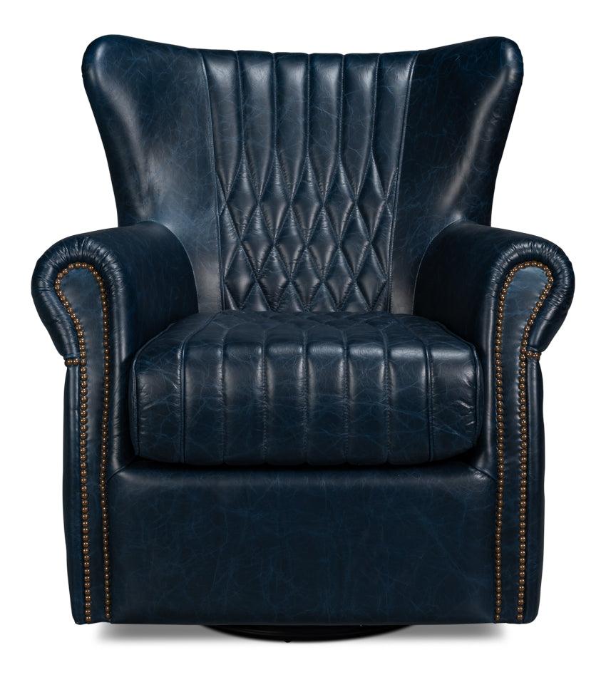Bugatti Leather Swivel Chair - Blue - Frankwebs
