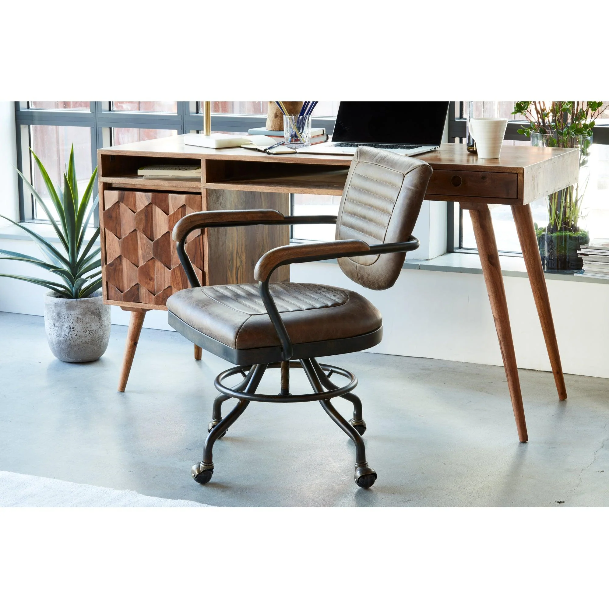 Foster Swivel Desk Chair Con Pana Brown Leather - Frankwebs