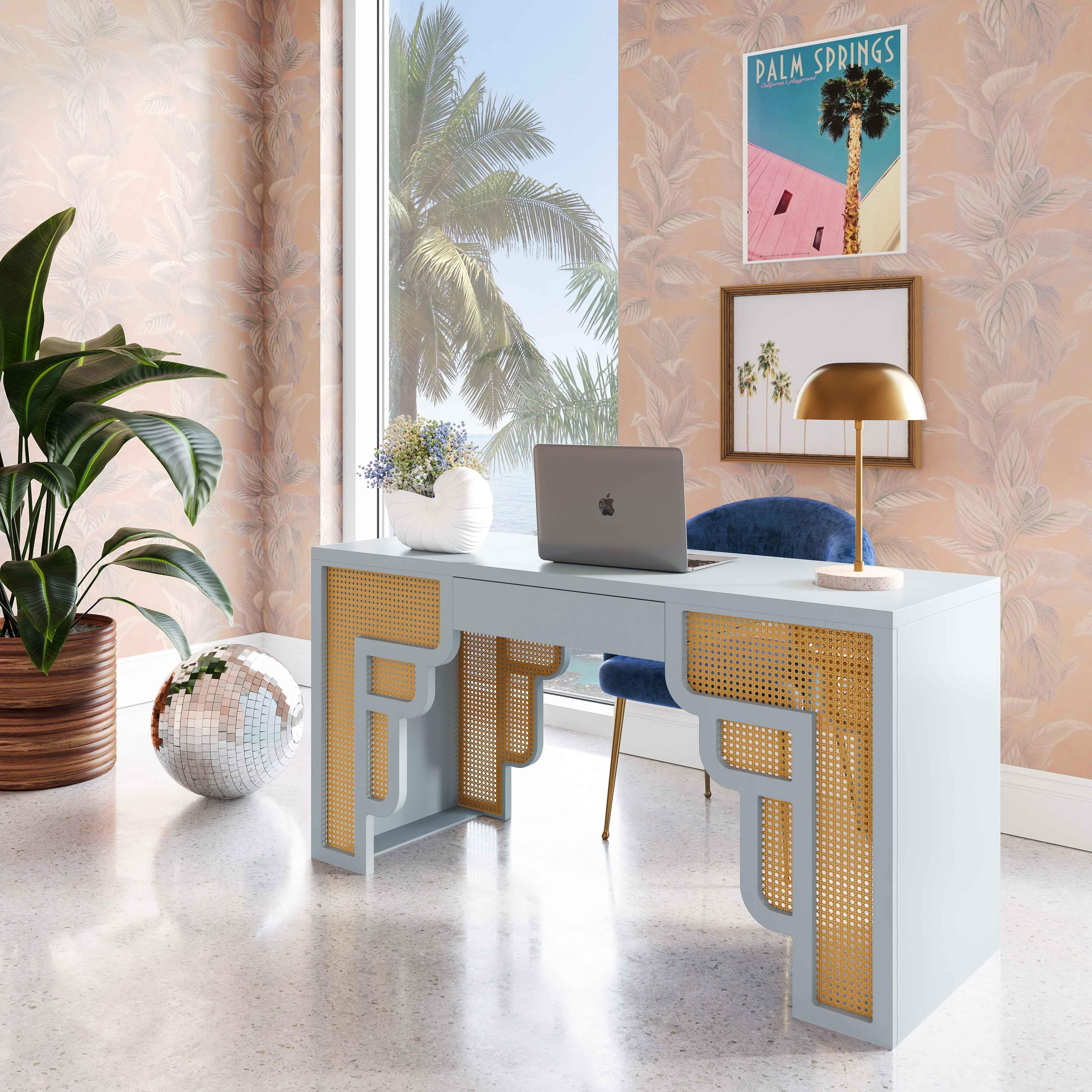 Suzie Pastel Blue & Rattan Executive Desk - Frankwebs