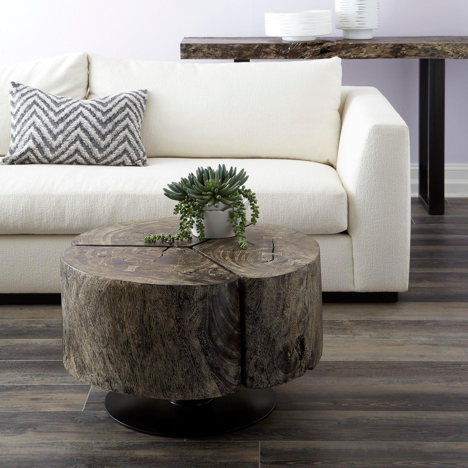 Clover Coffee Table, Chamcha Wood, Gray Stone Finish, Metal Base - Frankwebs