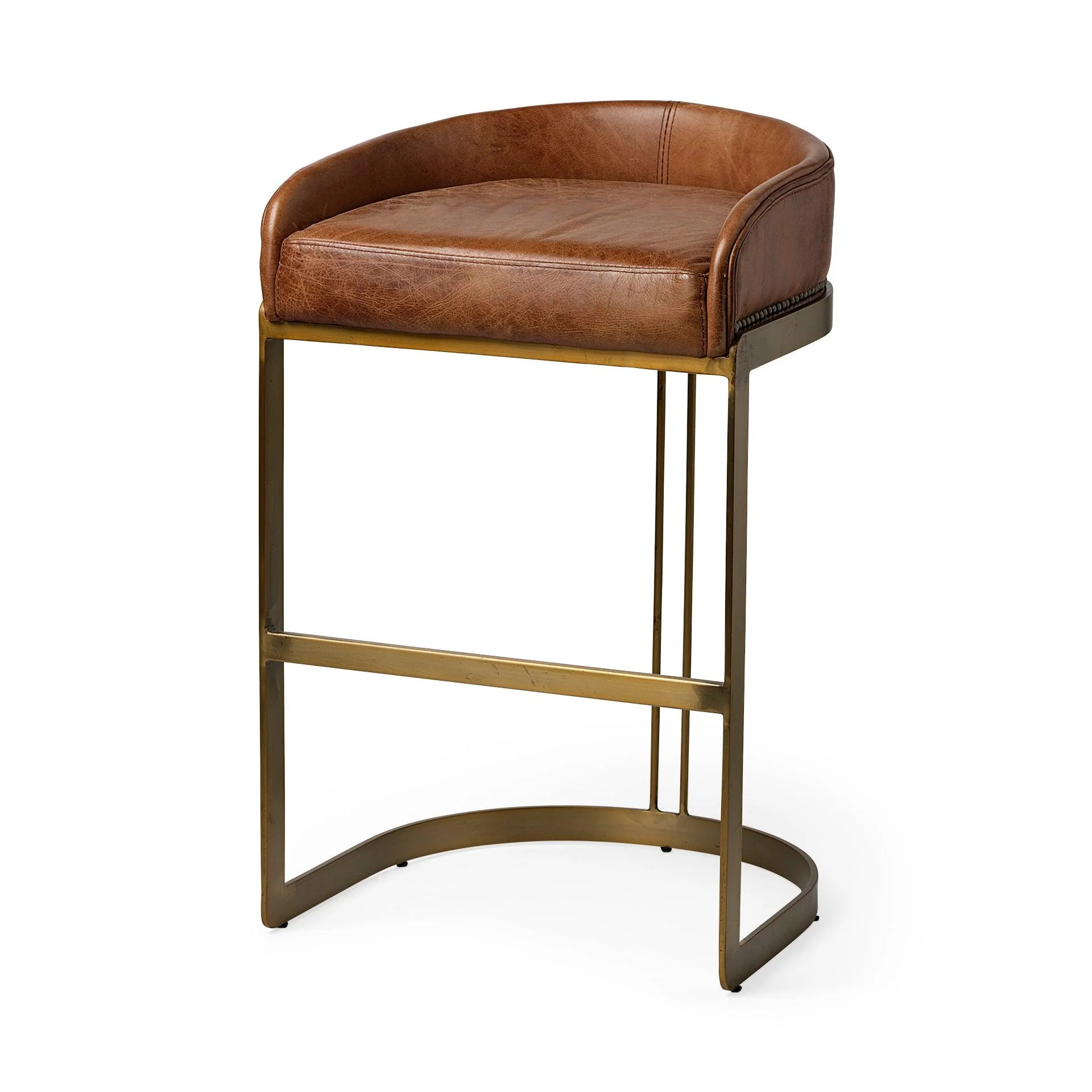 Hollyfield II Brown Leather Seat Gold Metal Base Bar Stool - Frankwebs