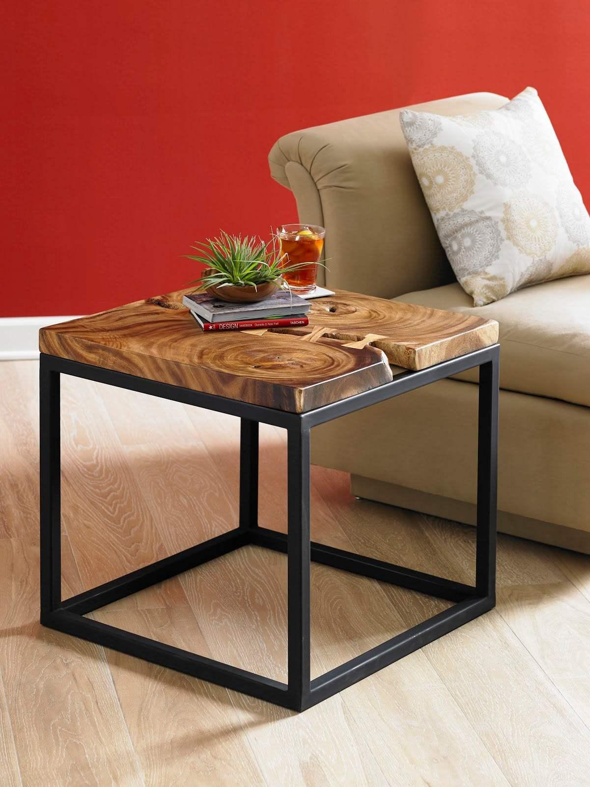 Martin Side Table, Chamcha Wood, Black Metal Base - Frankwebs